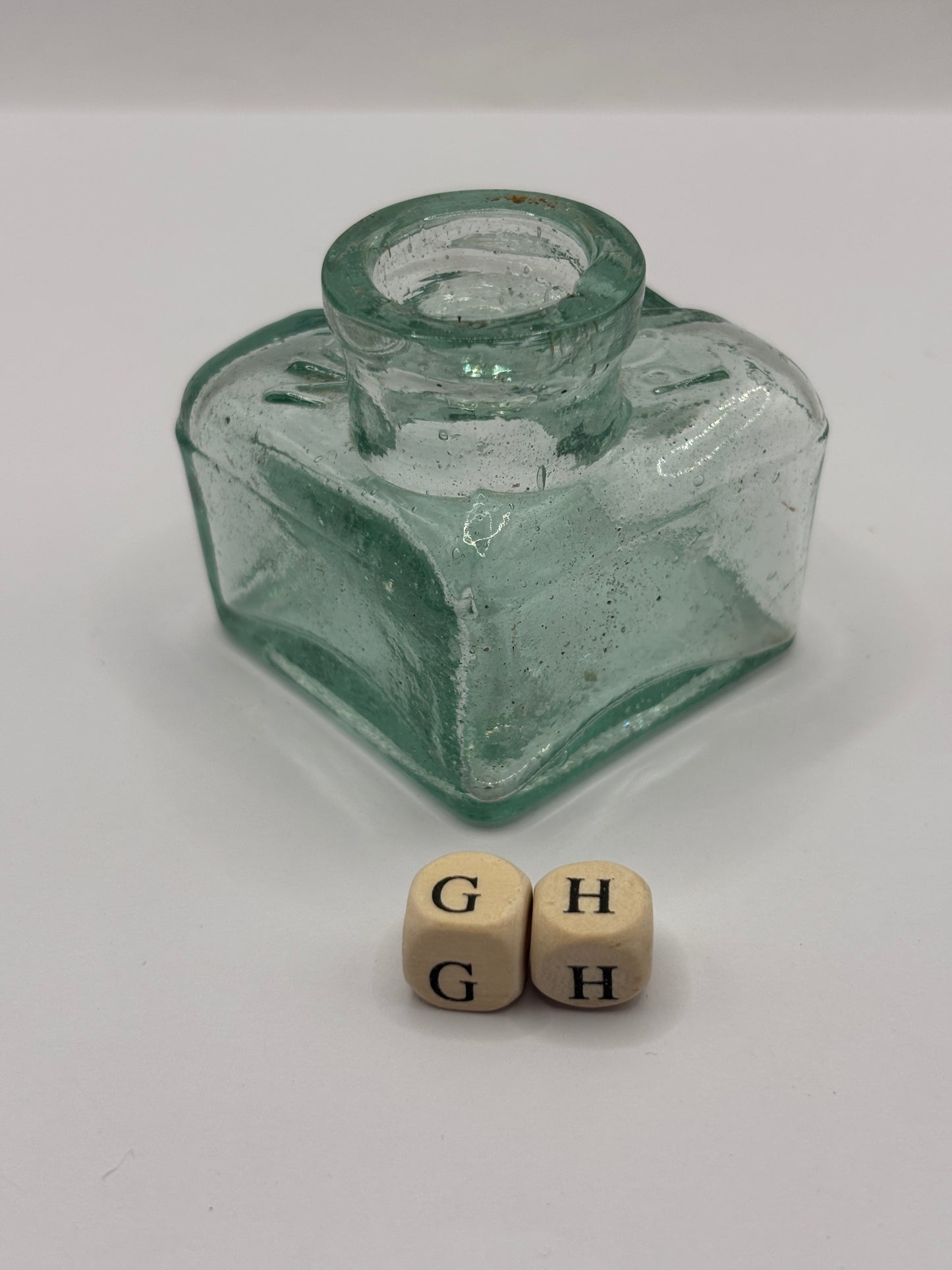 Old aqua glass Polygon ink, ink bottle. Inkwell (GH)