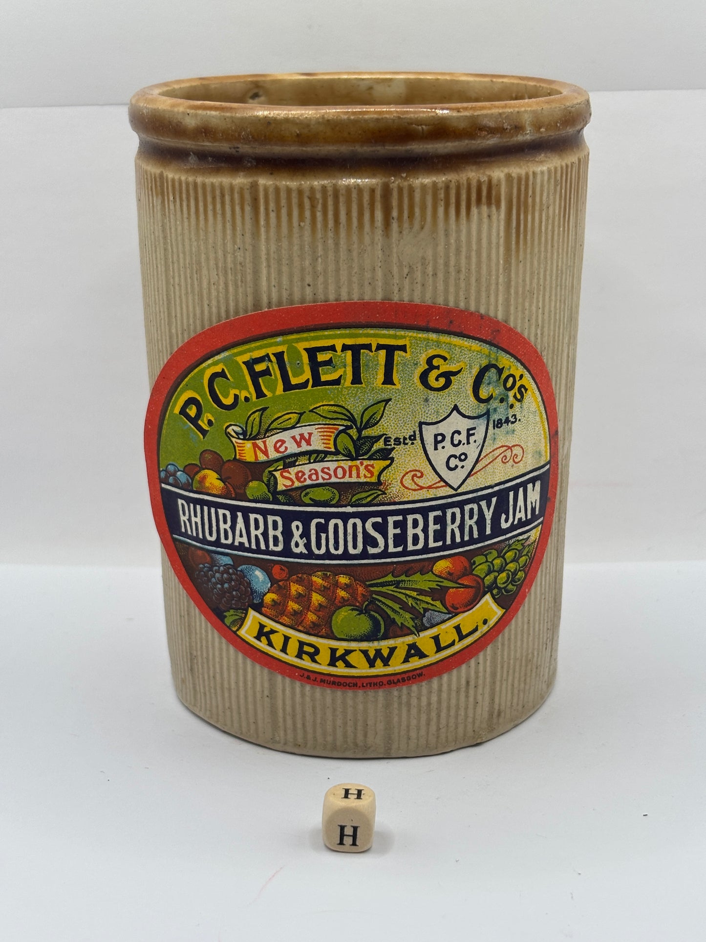 Old 2lb brown top stoneware jam pot with added label (H)