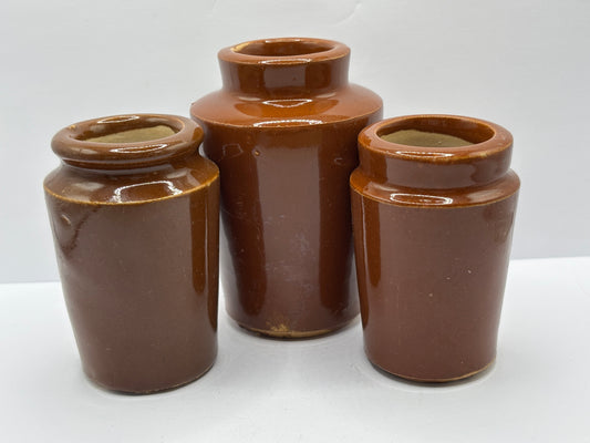 3 old brown stoneware cream pots