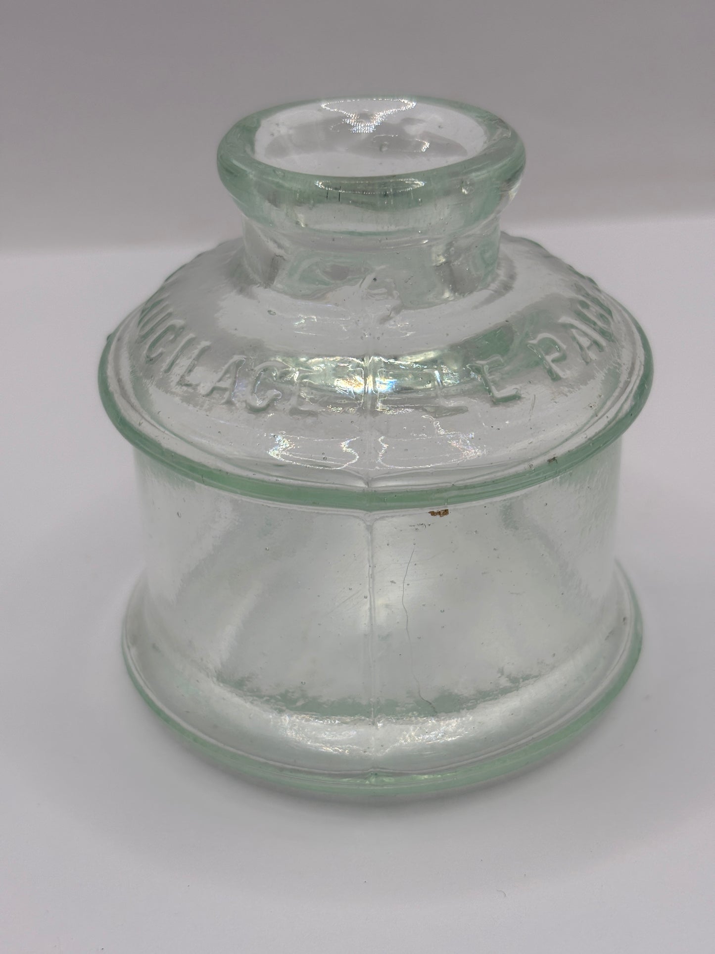 old advertising glass ink,ink bottle, mugilage le pages French?? Damaged