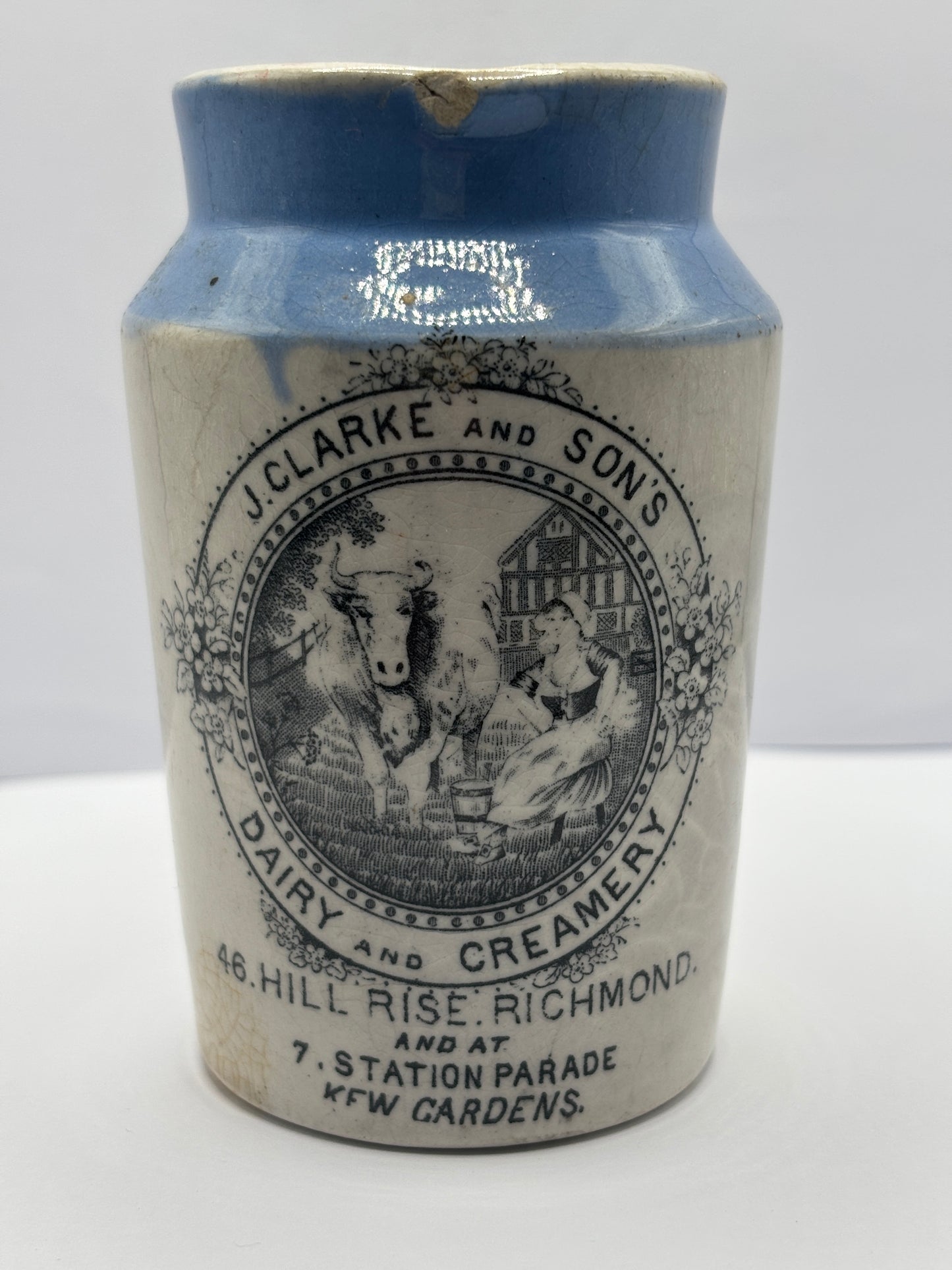 Old stoneware advertising cream pot, J.Clarke & Sons Dairy & Creamery. Restoration project?