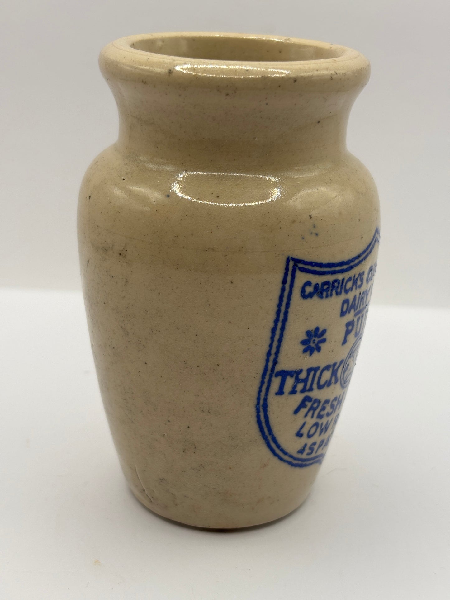 Old advertising cream pot, Carricks pure thick cream. Thick print