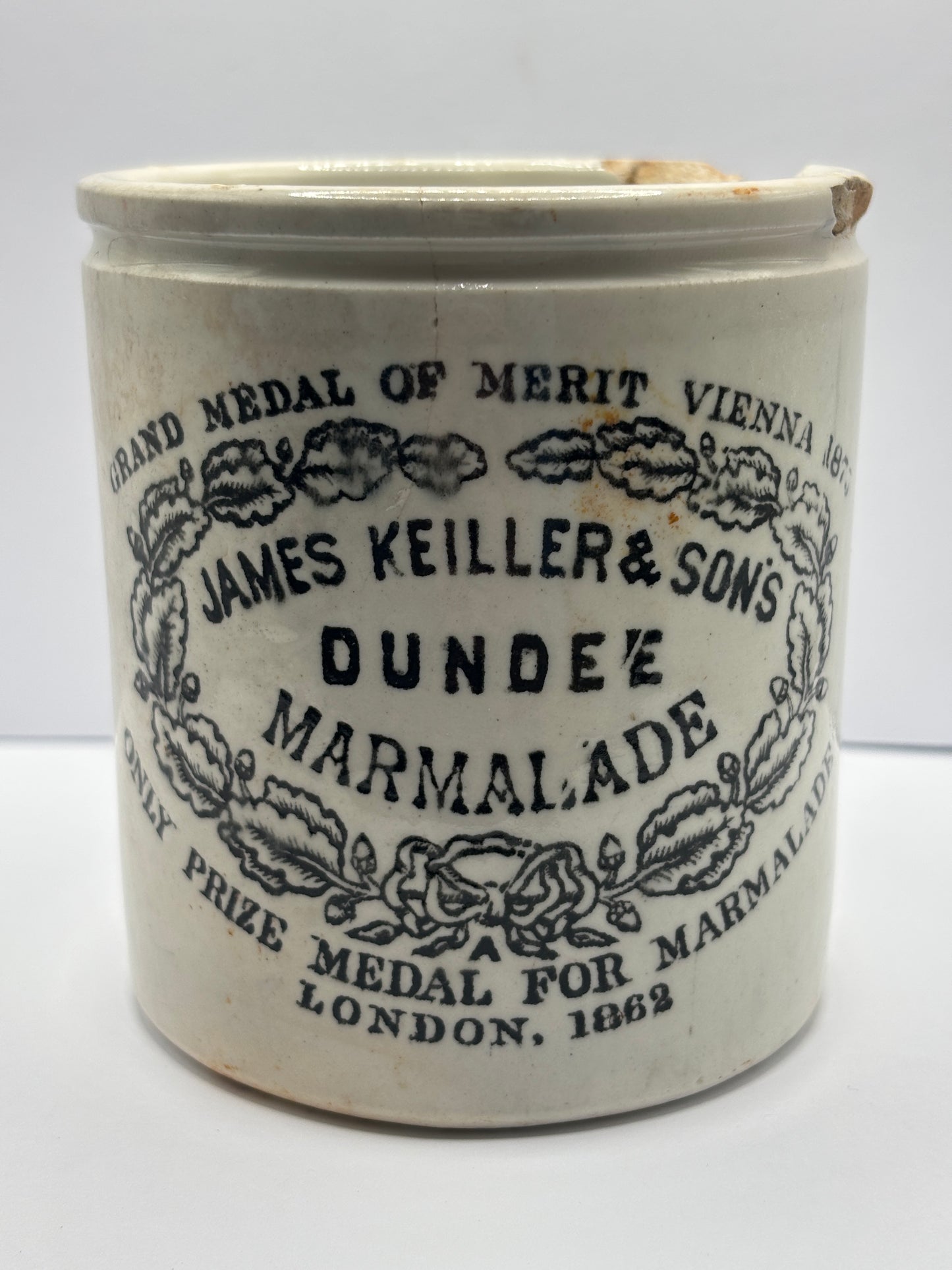 Old 1lb James Keiller dundee marmalade jar, damaged