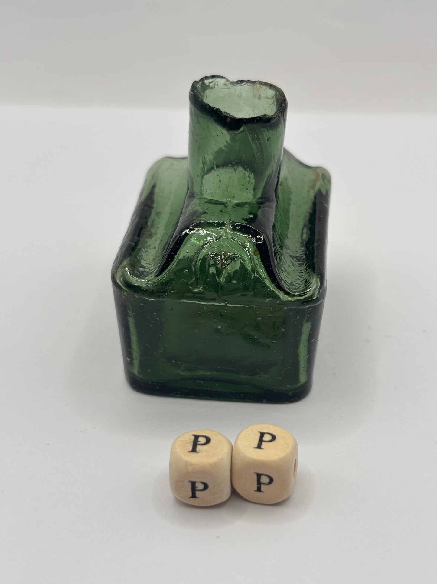 Old green glass boat ink, inkwell. Morrells (PP)