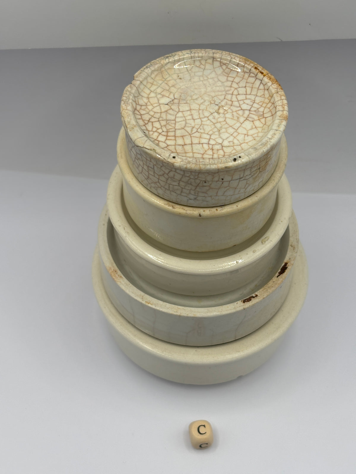 5 old stoneware pot lid bases, stackers (c)