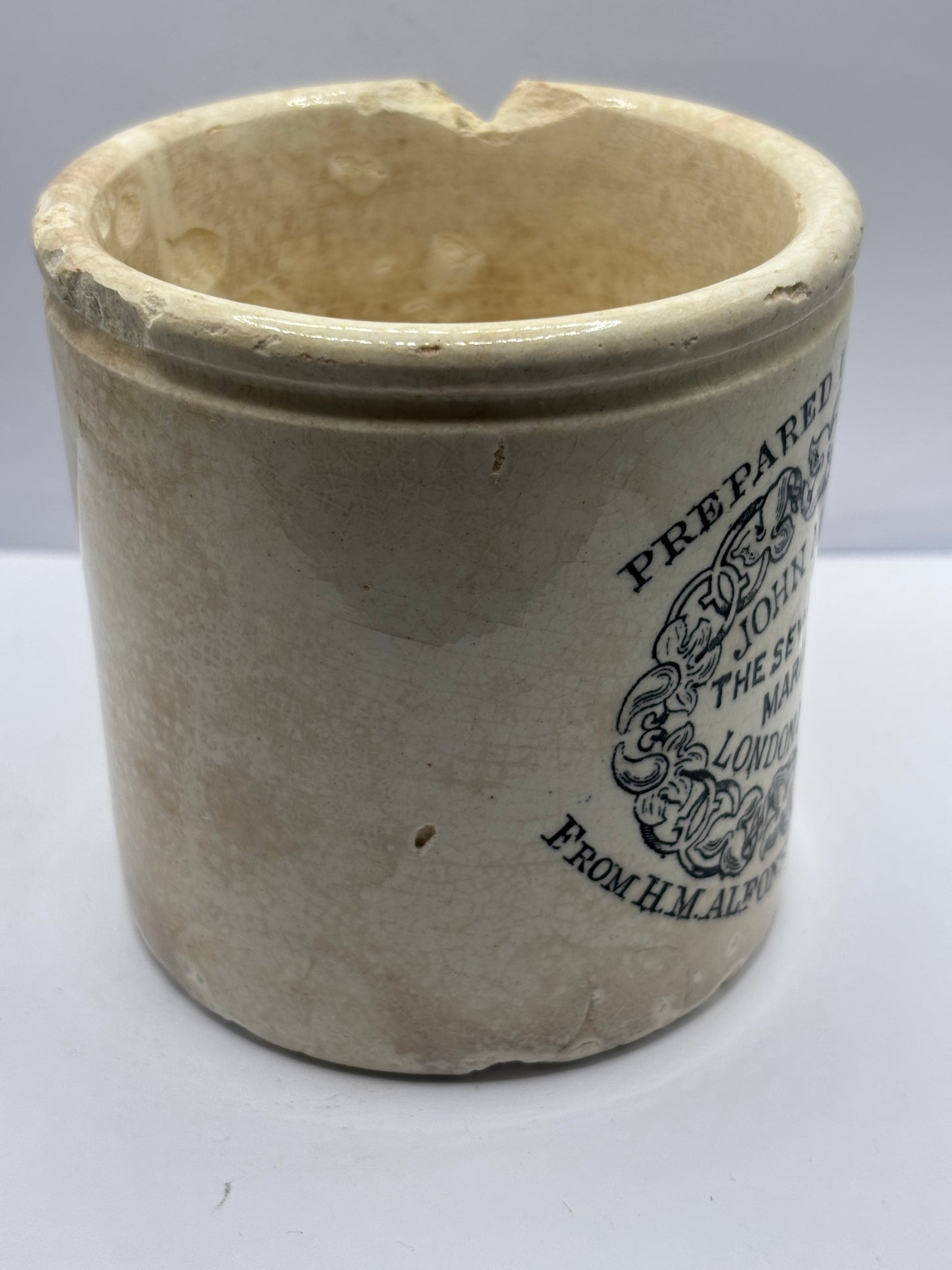 Rare John moir advertising marmalade jar, Pure orange marmalade. Damaged