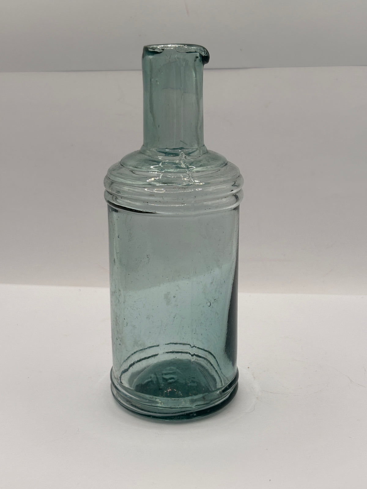 Old tall aqua glass inkwell, ink bottle, pouring ink 14.5cms