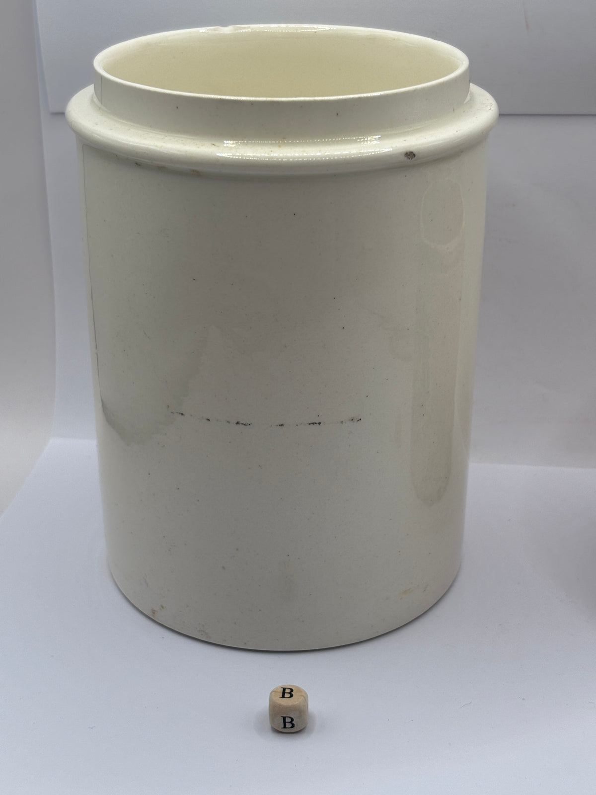 Old large plain white stoneware apothecary jar (B)