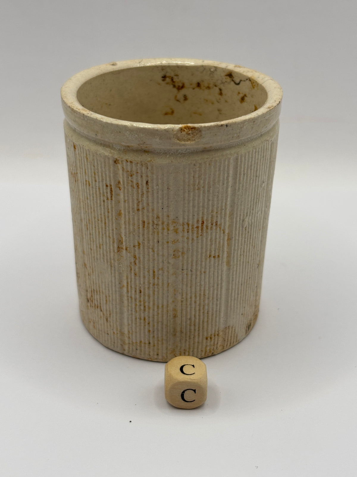 Old mini ribbed stoneware jam pot (c)