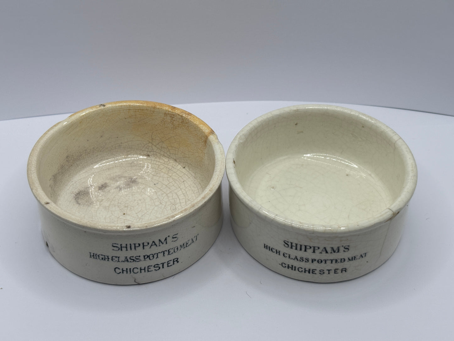 2 old advertising meat paste pots, Shippams