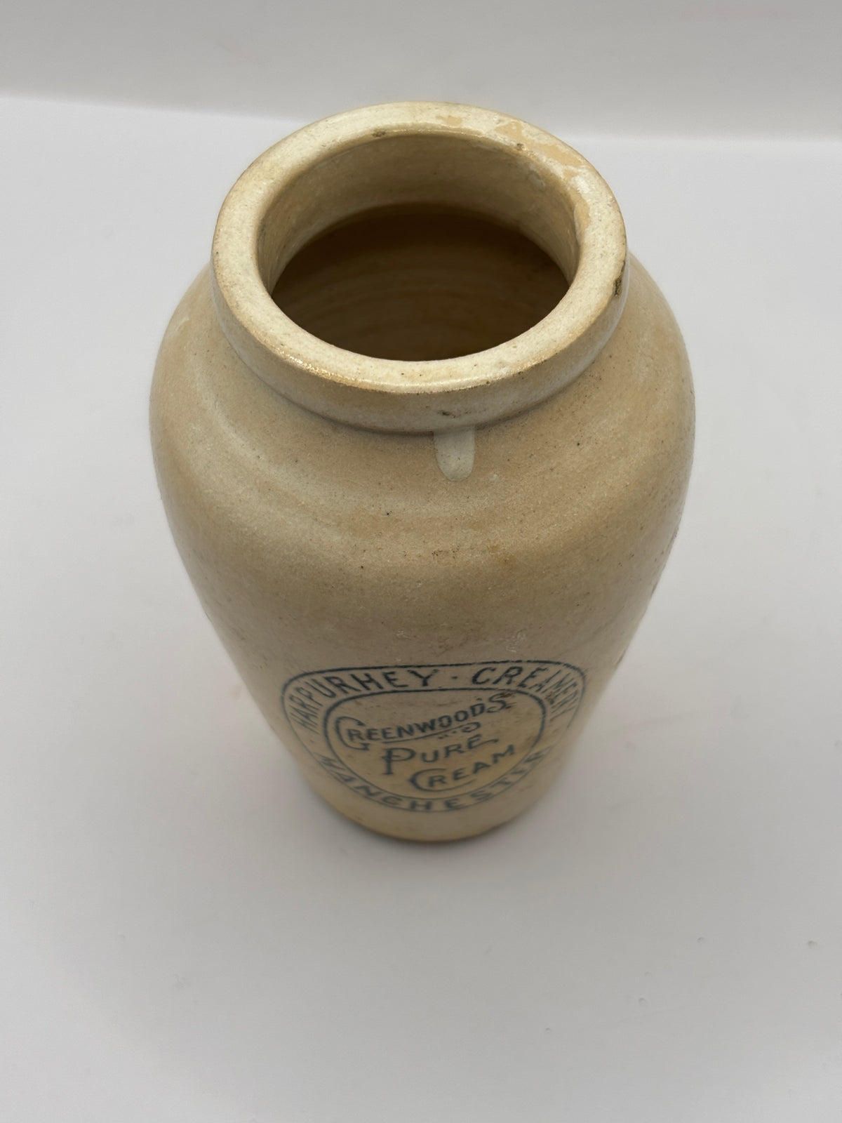 Old advertising cream pot, Harpurhey creamery, Greenwoods pure cream