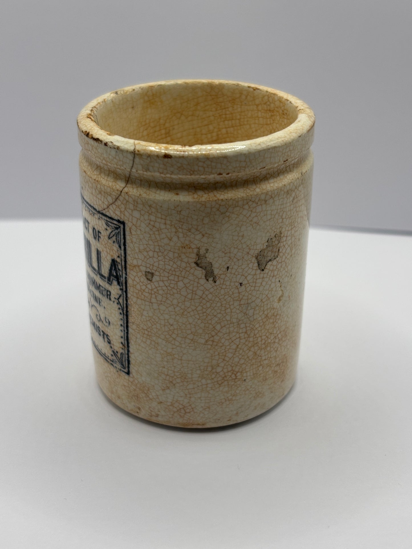 Old stained & crazed advertising Boots sarsaparilla jar