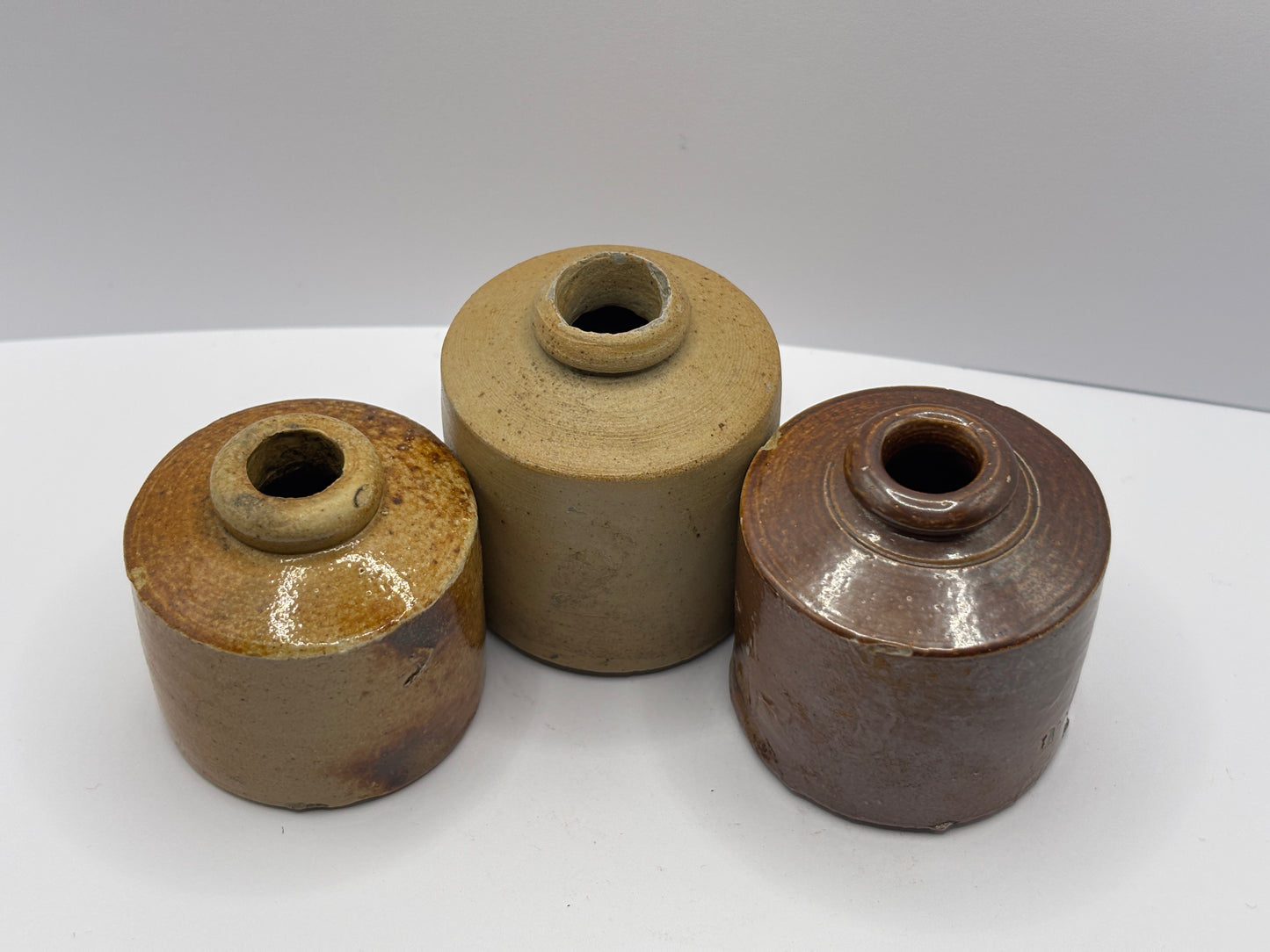 3 old pork pie inks, ink bottles inkwells