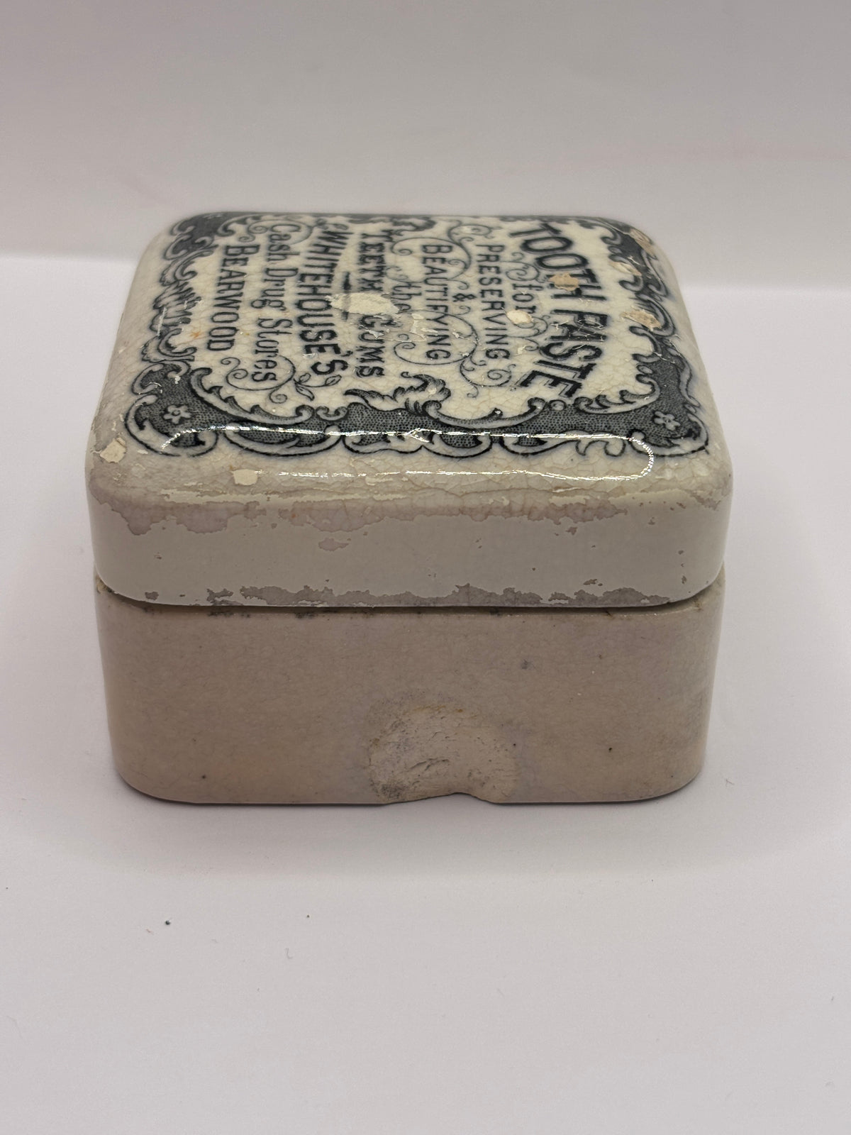 Old advertising lid and base. Whitehouses drug stores bearwood “toothpaste” repaired