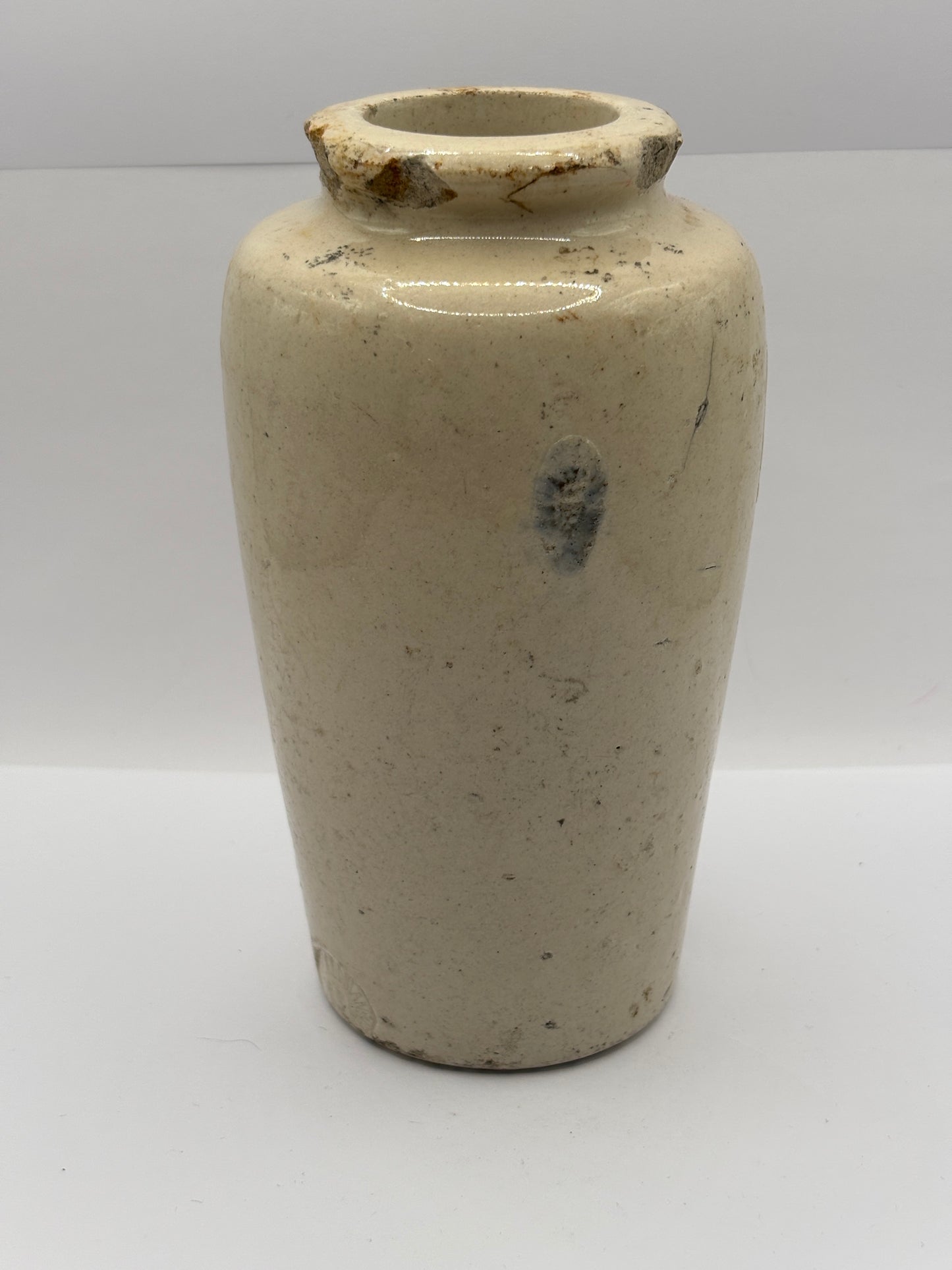 Old tall stoneware advertising cream pot, pure fresh cream Stranraer. Damaged