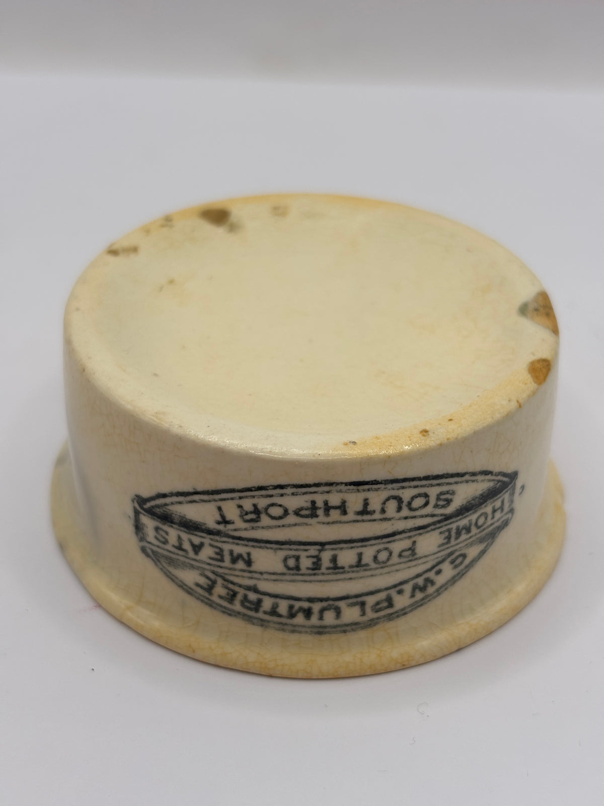 Old small advertising meat paste pot, Plumtree home potted meats