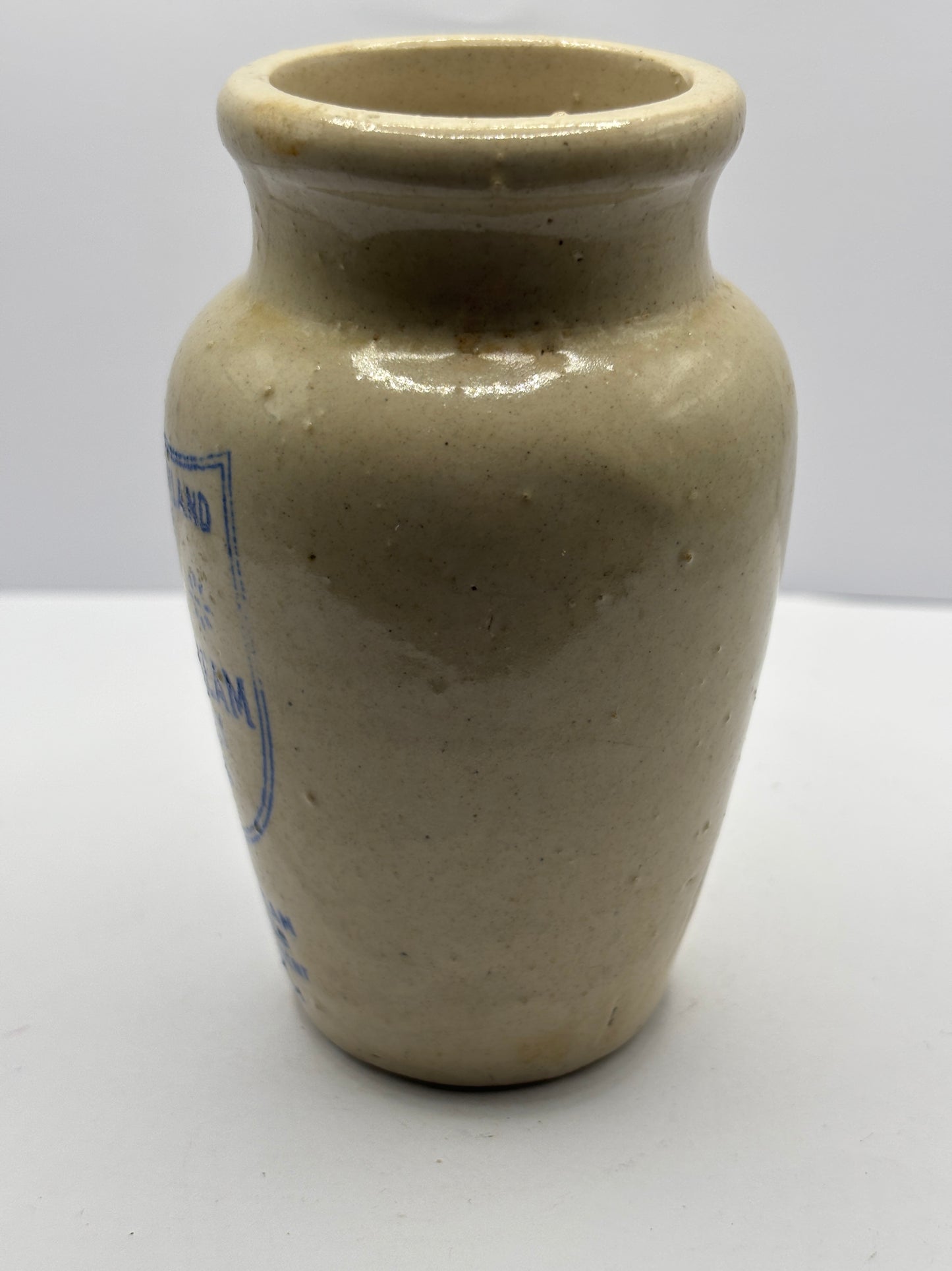 Old blue print advertising stoneware cream pot, Carricks cumberland dairy co, Pure thick cream