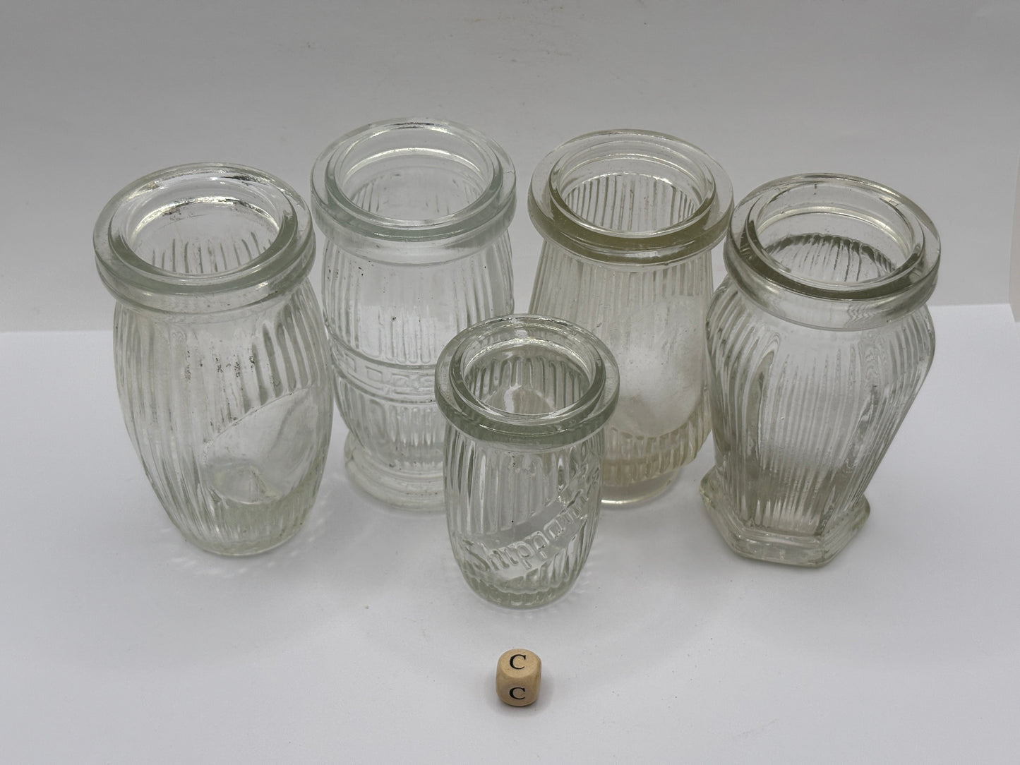 5 old clear glass meat paste jars (c)