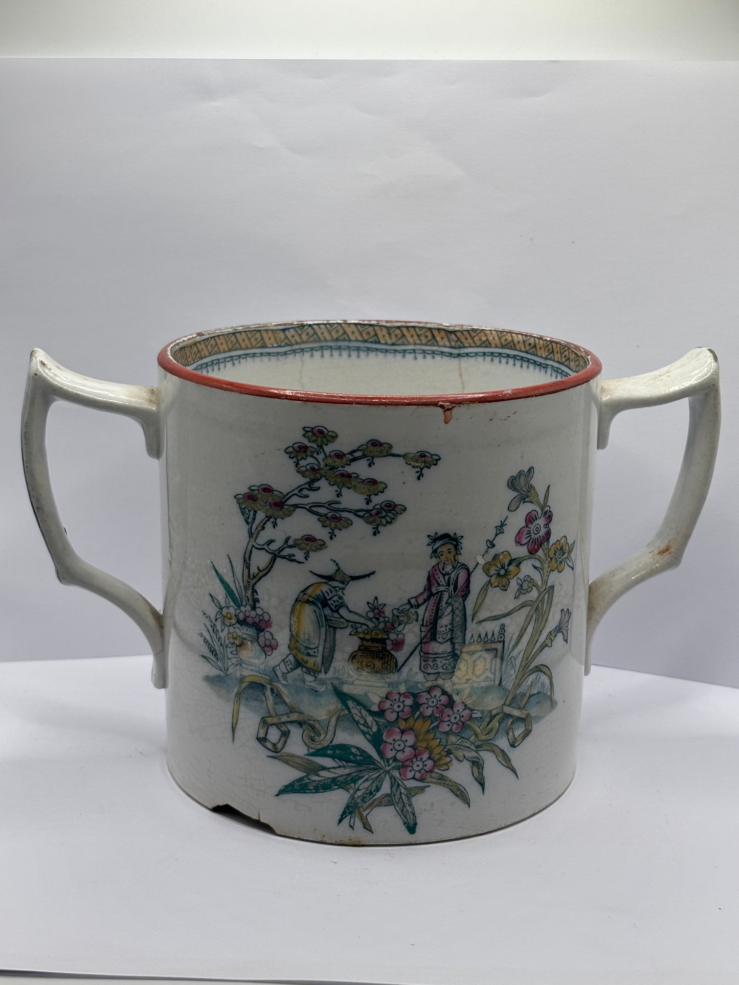 Old 2 handled mug, oriental