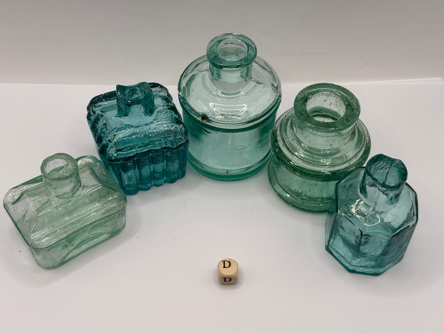 5 old glass inks, inkwells, ink bottles (D)