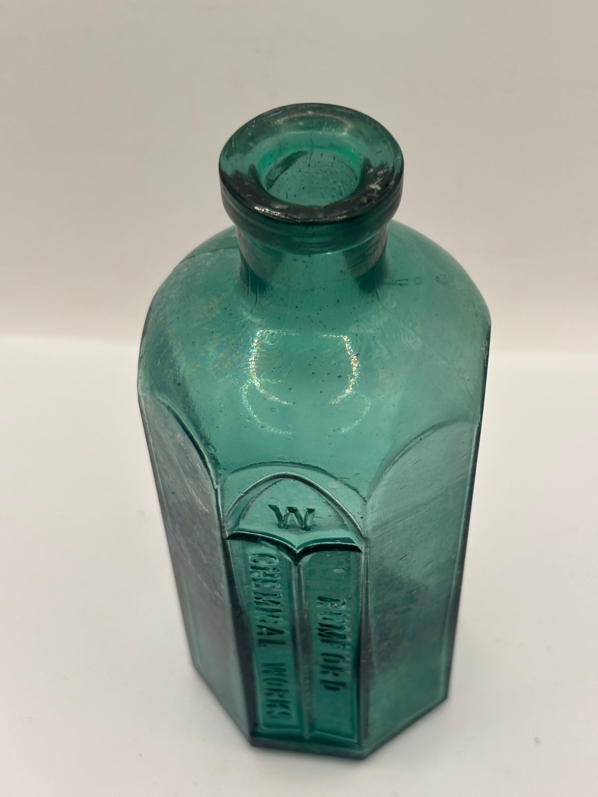 Old green advertising bottle, Rumford chemical works