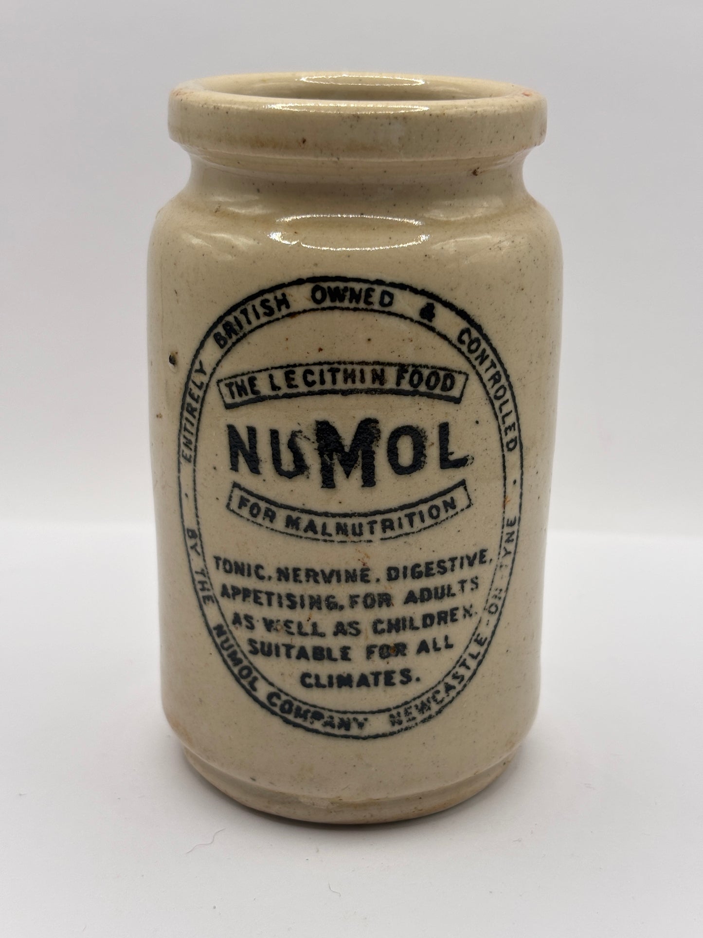 Old stoneware advertising Numol jar. The lecithin food for malnutrition