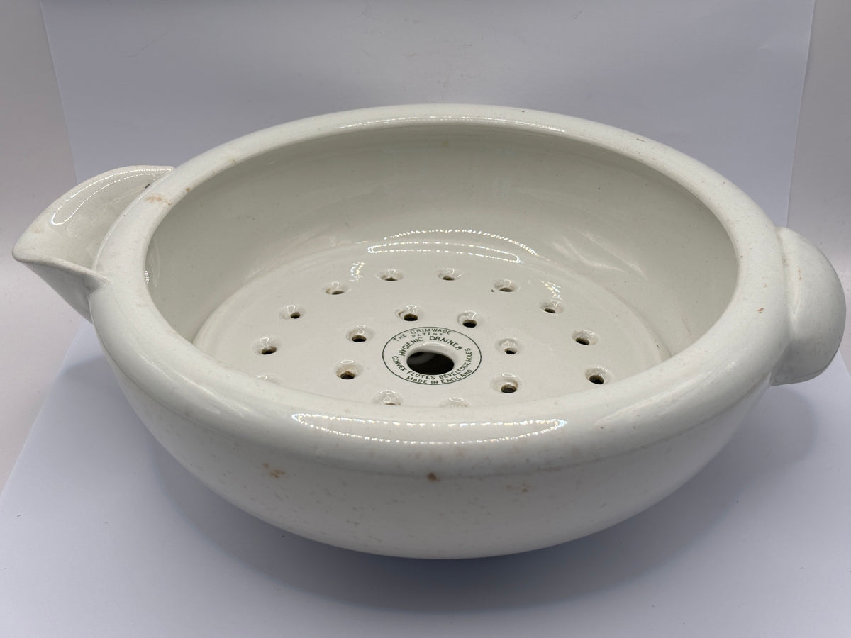 Old milk bowl and strainer, Grimwade safety milk bowl