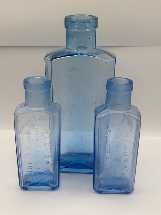 3 old blue bishops chemist bottles