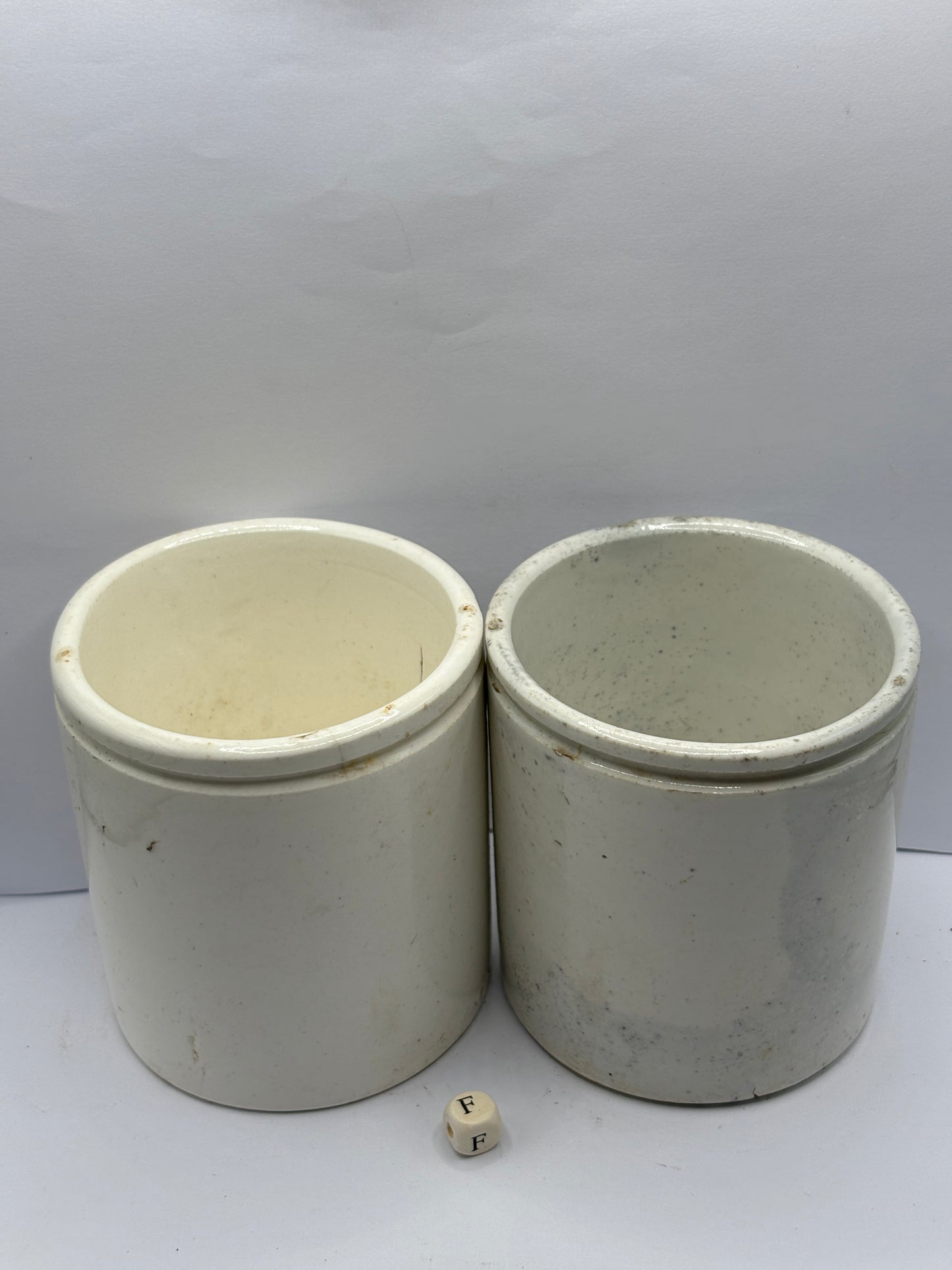 2 old stoneware preserve pots (f)