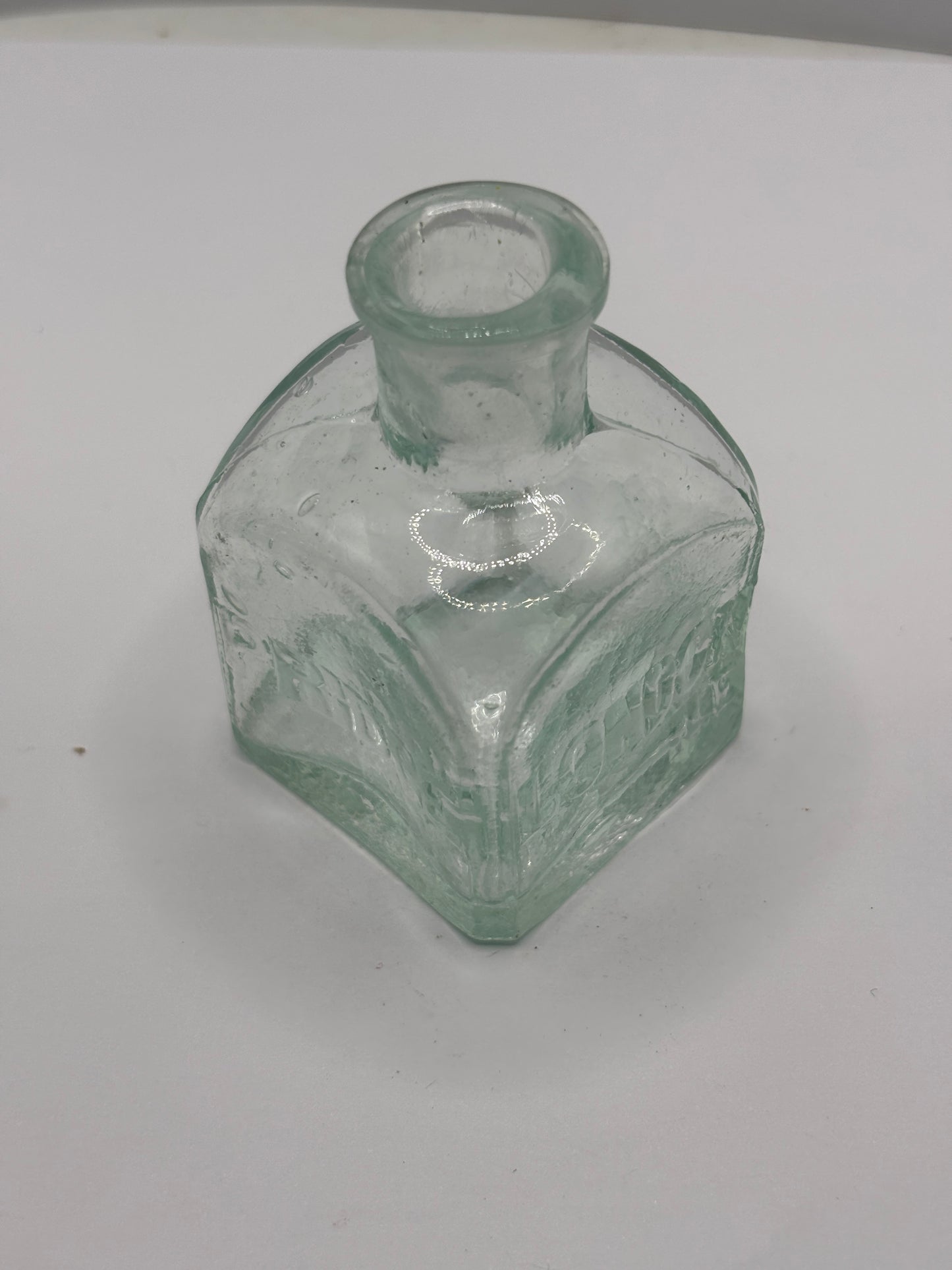 Old aqua glass advertising inkwell, ink bottle. Pridge