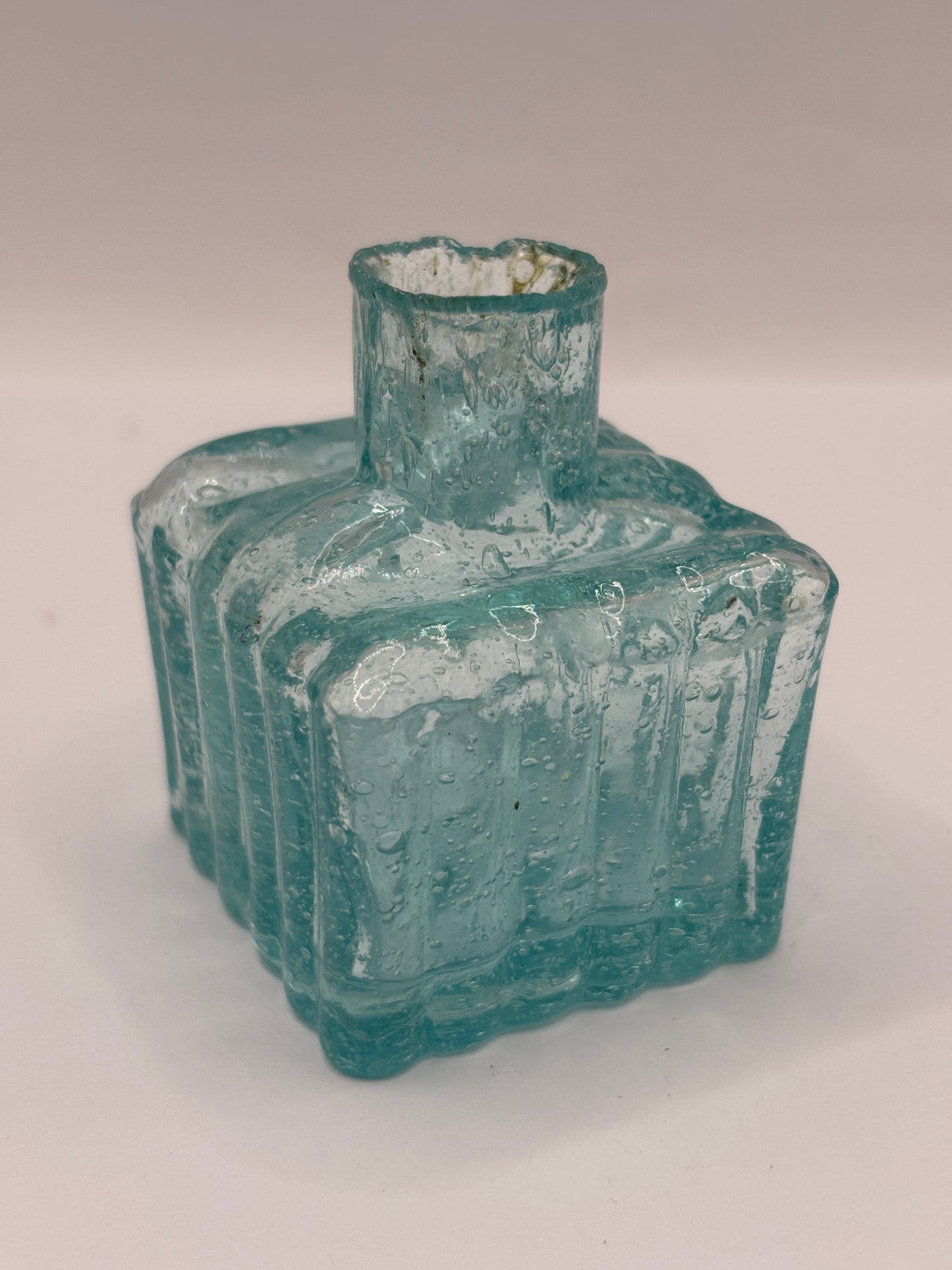 old aqua glass ink,inkwell, ink bottle. bubbly ink