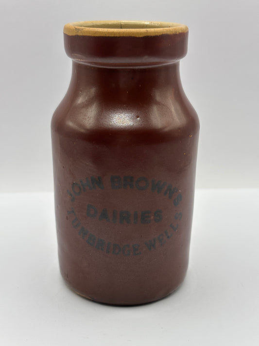 Old advertising cream pot, John Browns dairies Tunbridge wells. Damaged