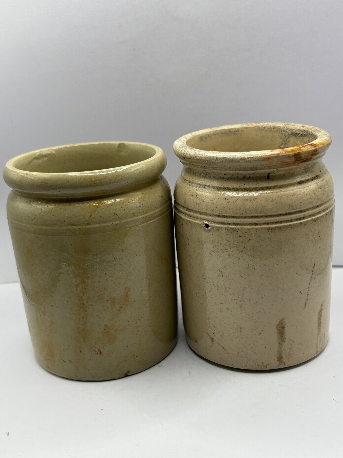 2 small rolled top stoneware marmalade pots & jars