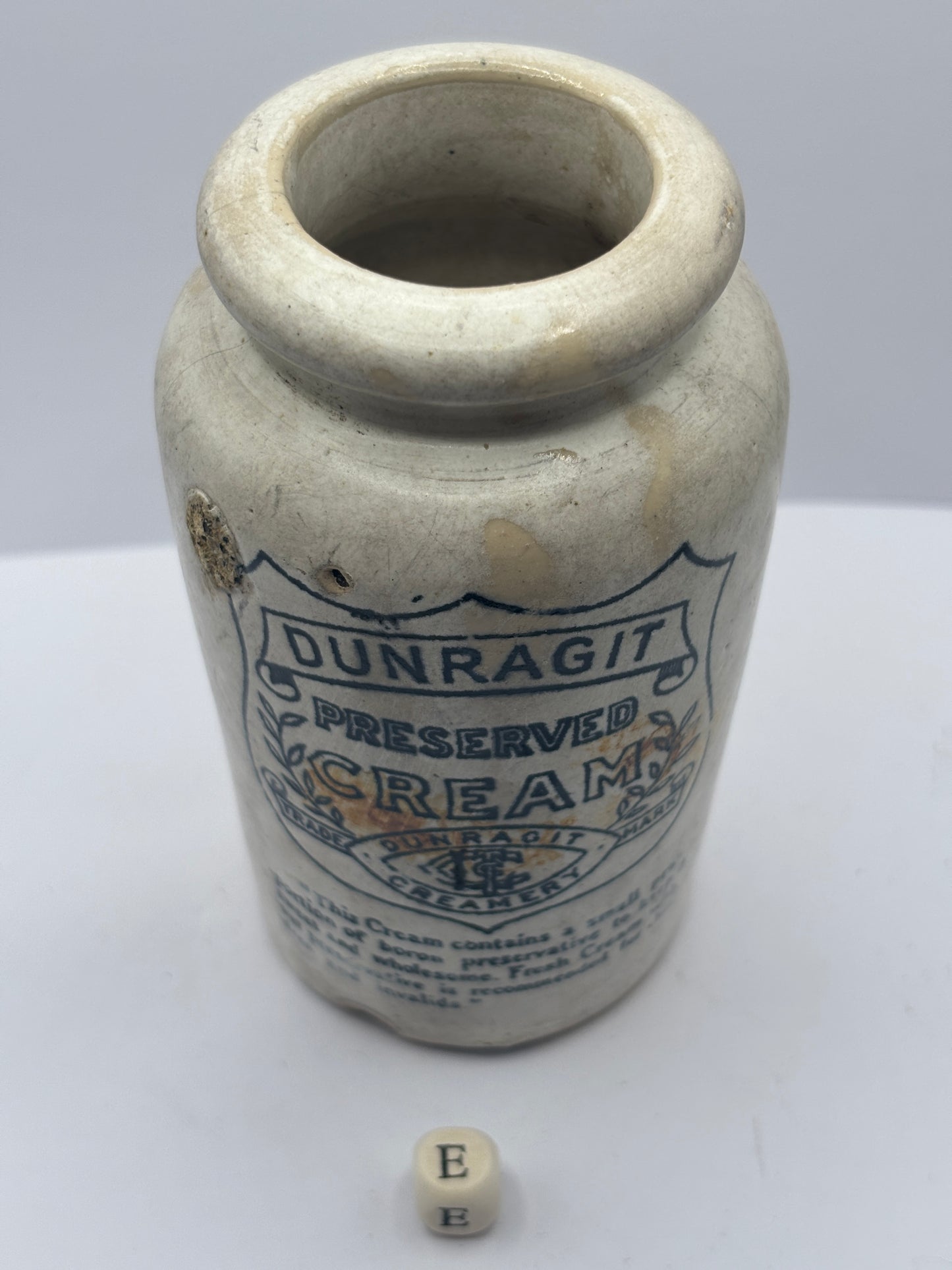 Old Dunragit stoneware cream pot (E) damaged