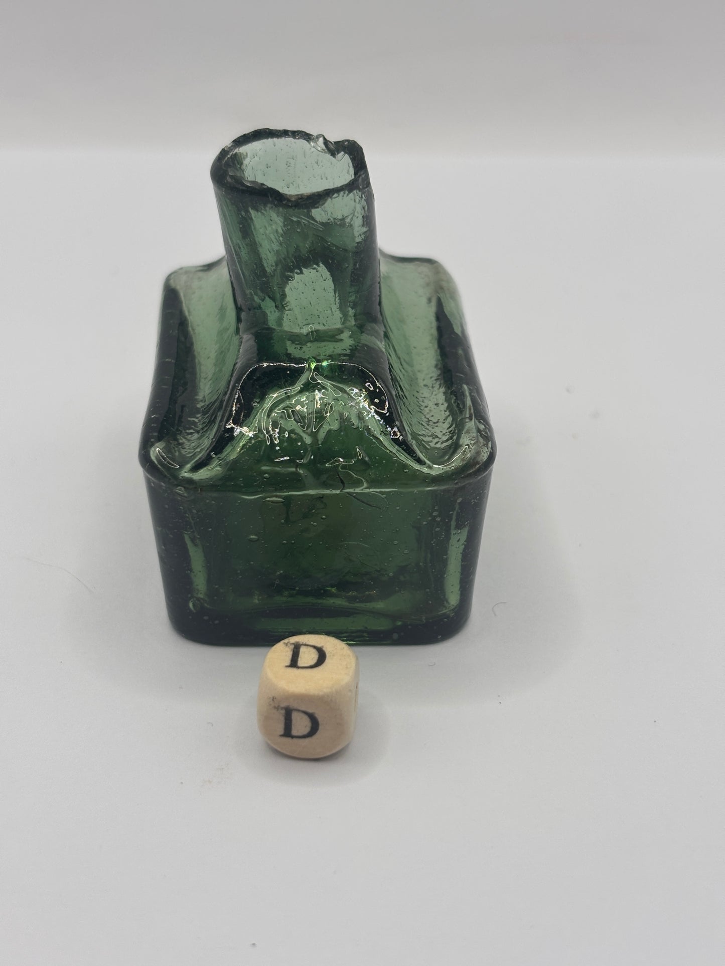 Old green glass boat ink, inkwell. Morrells (D) DAMAGED