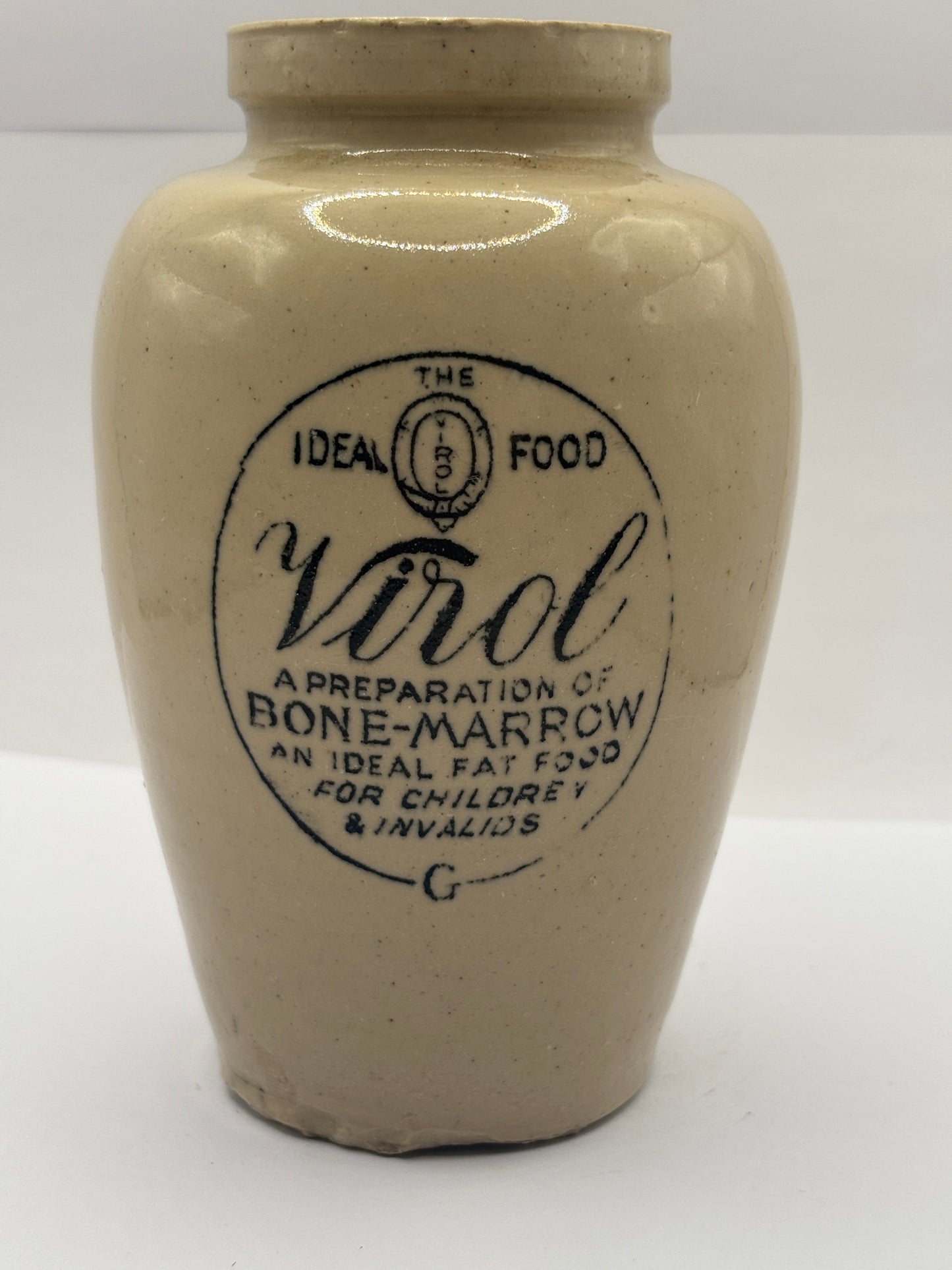 Old stoneware advertising Virol jar 13.5cms