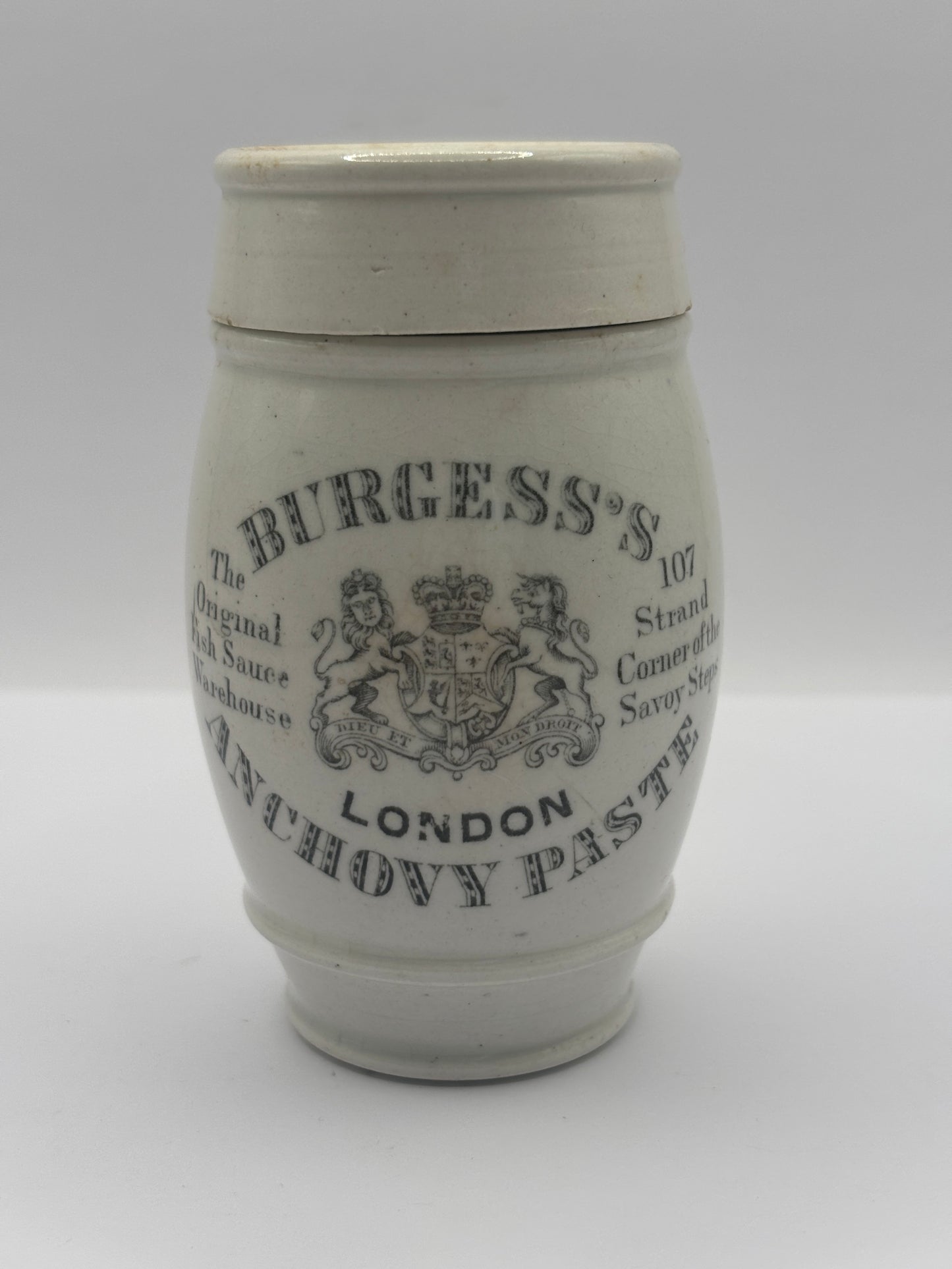 Old advertising jar and lid. Burgess anchovy paste for toast and biscuits