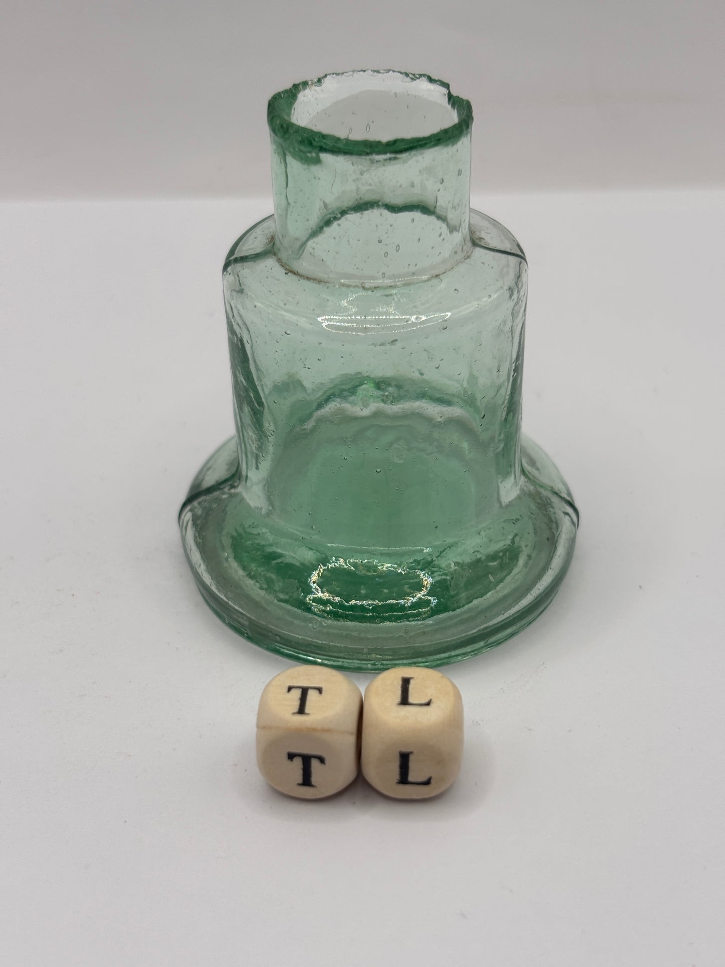 Old aqua glass inkwell, Bell ink (TL)