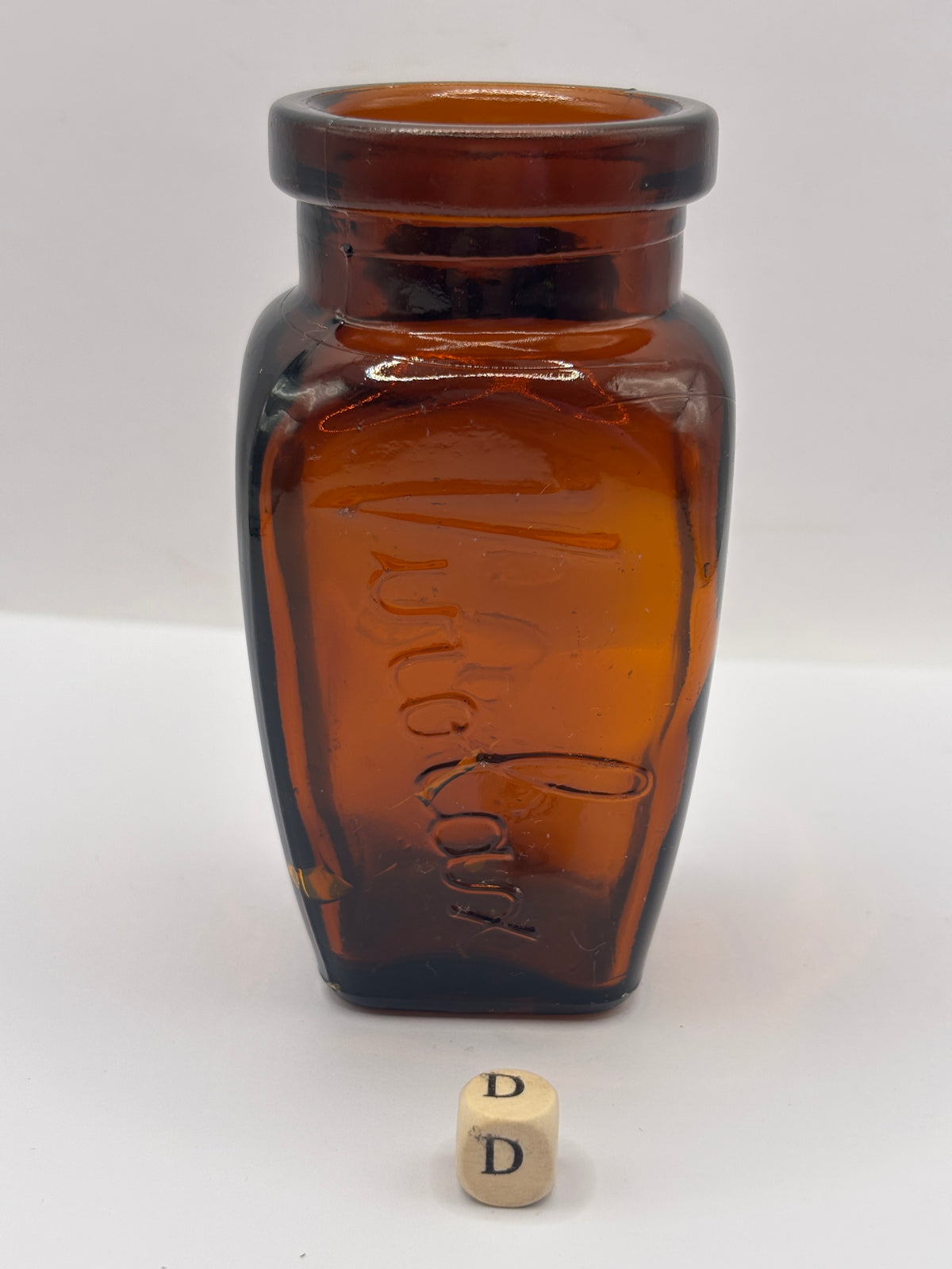 Old amber glass Virolax jar (D)