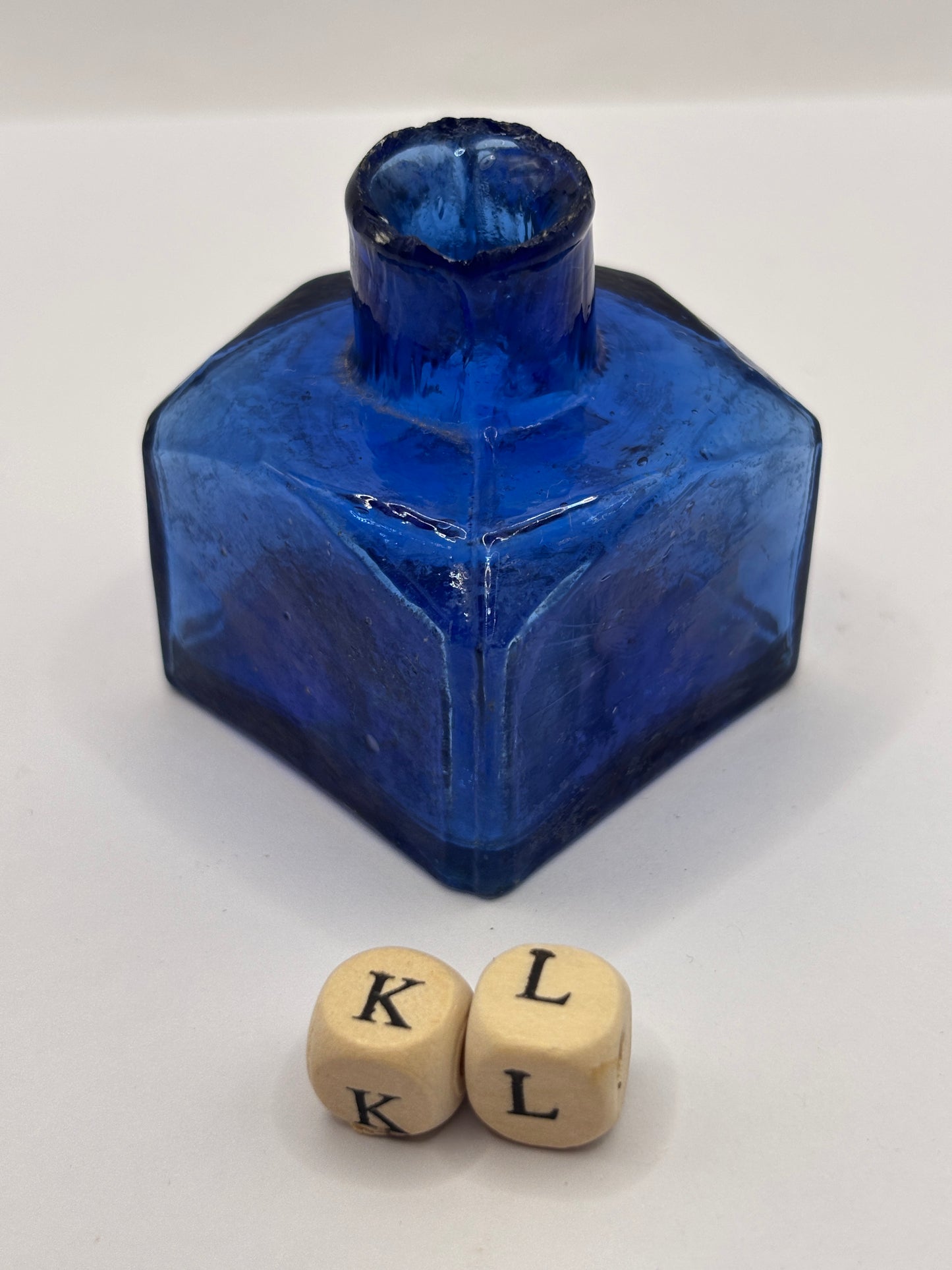 Old blue glass ink bottle, inkwell, penny ink (KL)