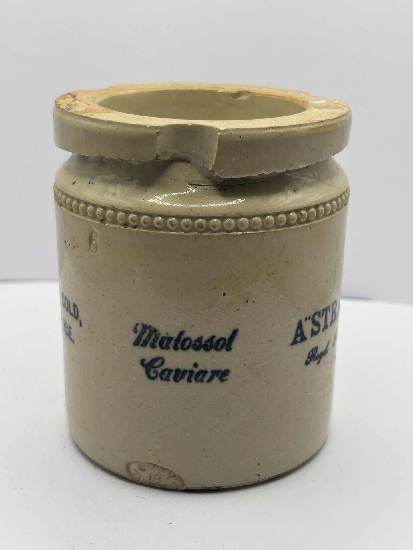 Old stoneware caviare jar. Astrakhan molossol caviare