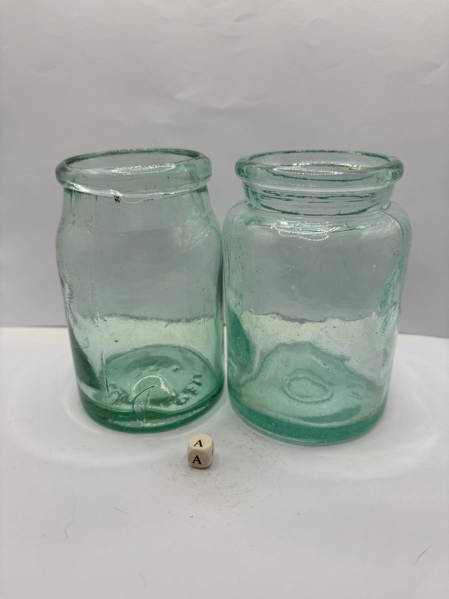 2 Small aqua glass jam & pickle jar (A)