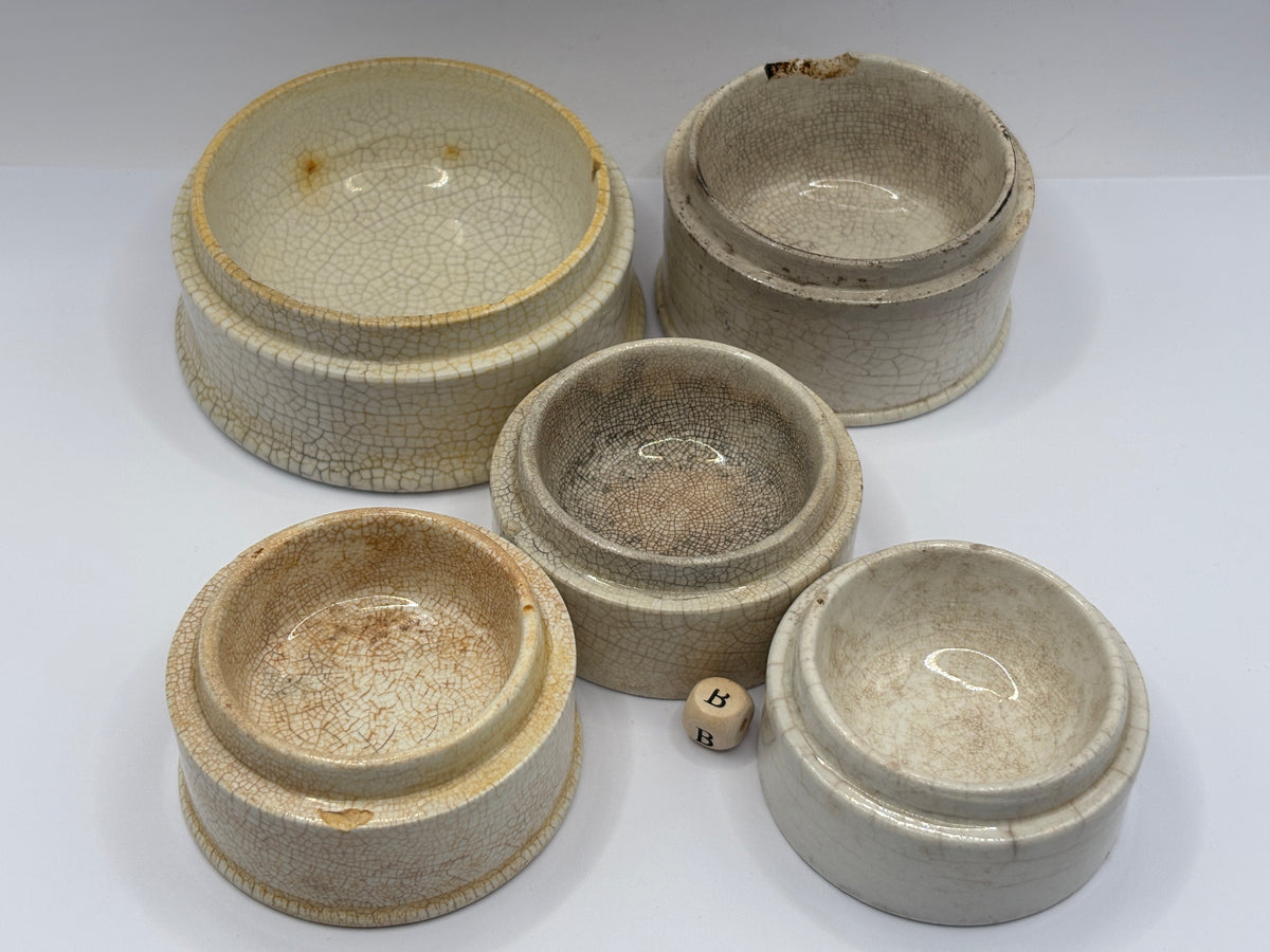 5 old stoneware pot lid bases, stackers (B)