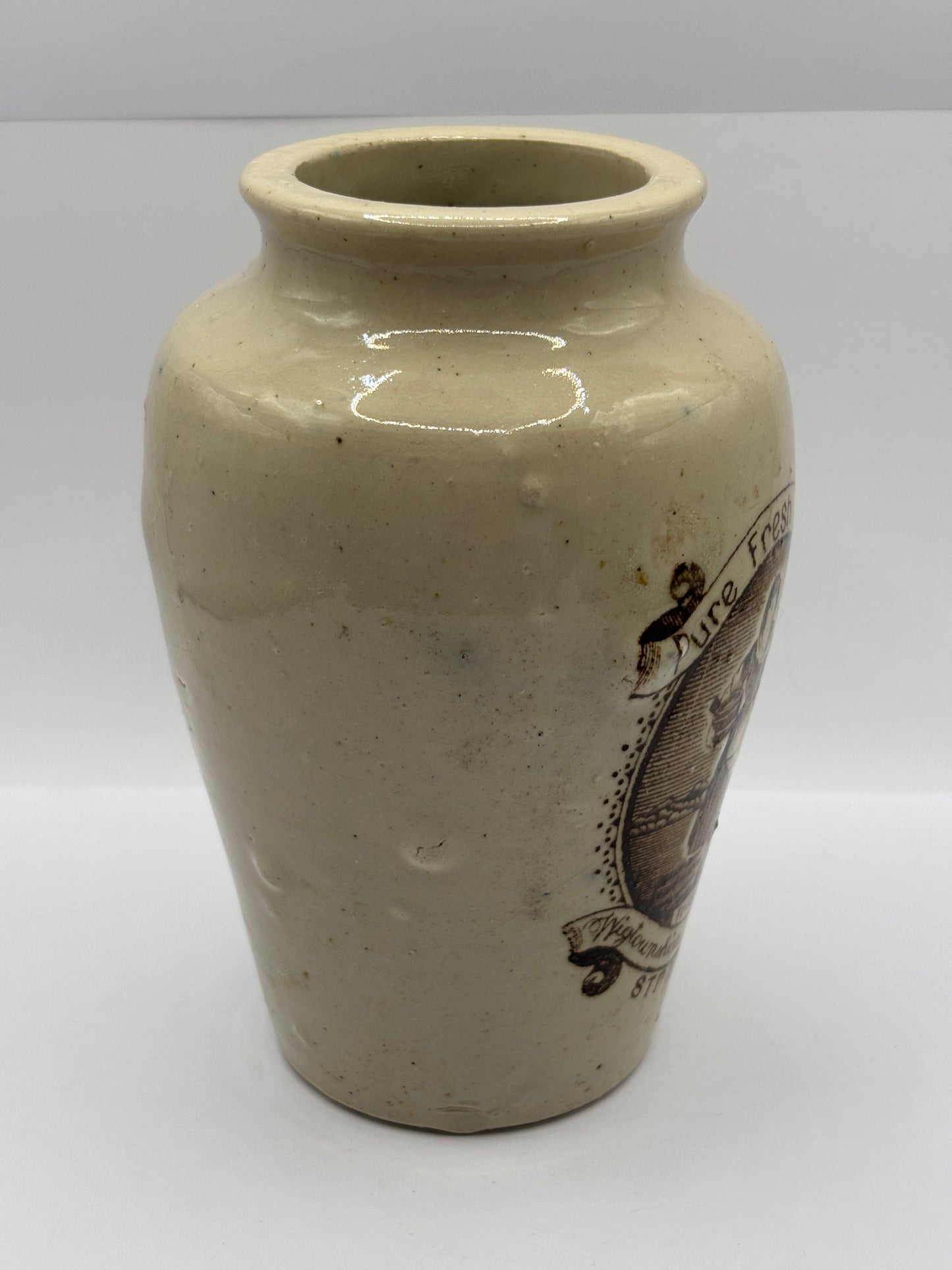 Old XL stoneware advertising cream pot, pure fresh cream Stranraer. Serpia print 13.5cms