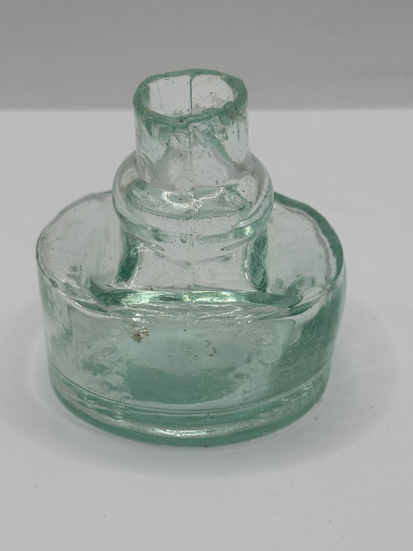 Old aqua glass inkwell, ink bottle, penny ink. TW & Co
