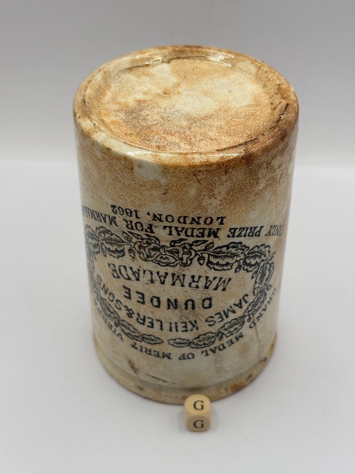 Old 1lb stoneware marmalade pot, James Keiller Dundee marmalade (G)