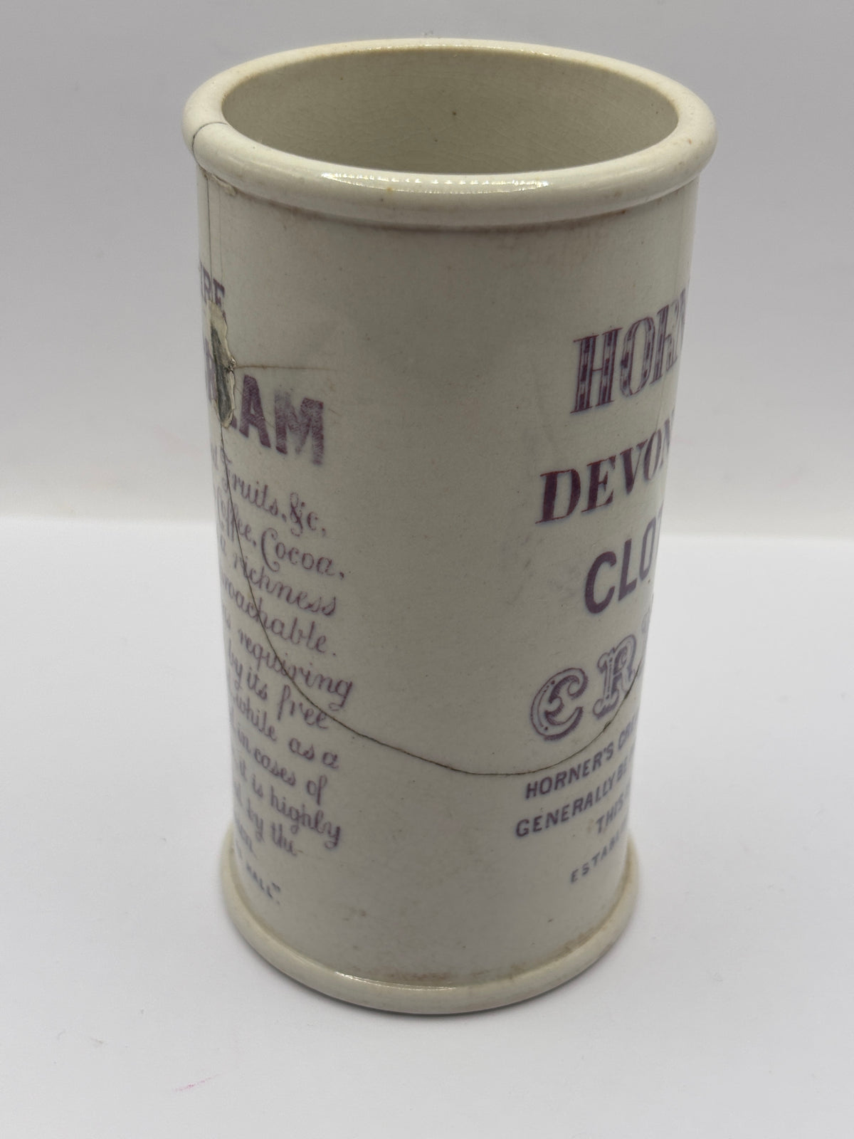 Old rare purple print advertising clotted cream Jar, Horners devonshire clotted cream. Repaired (badly)