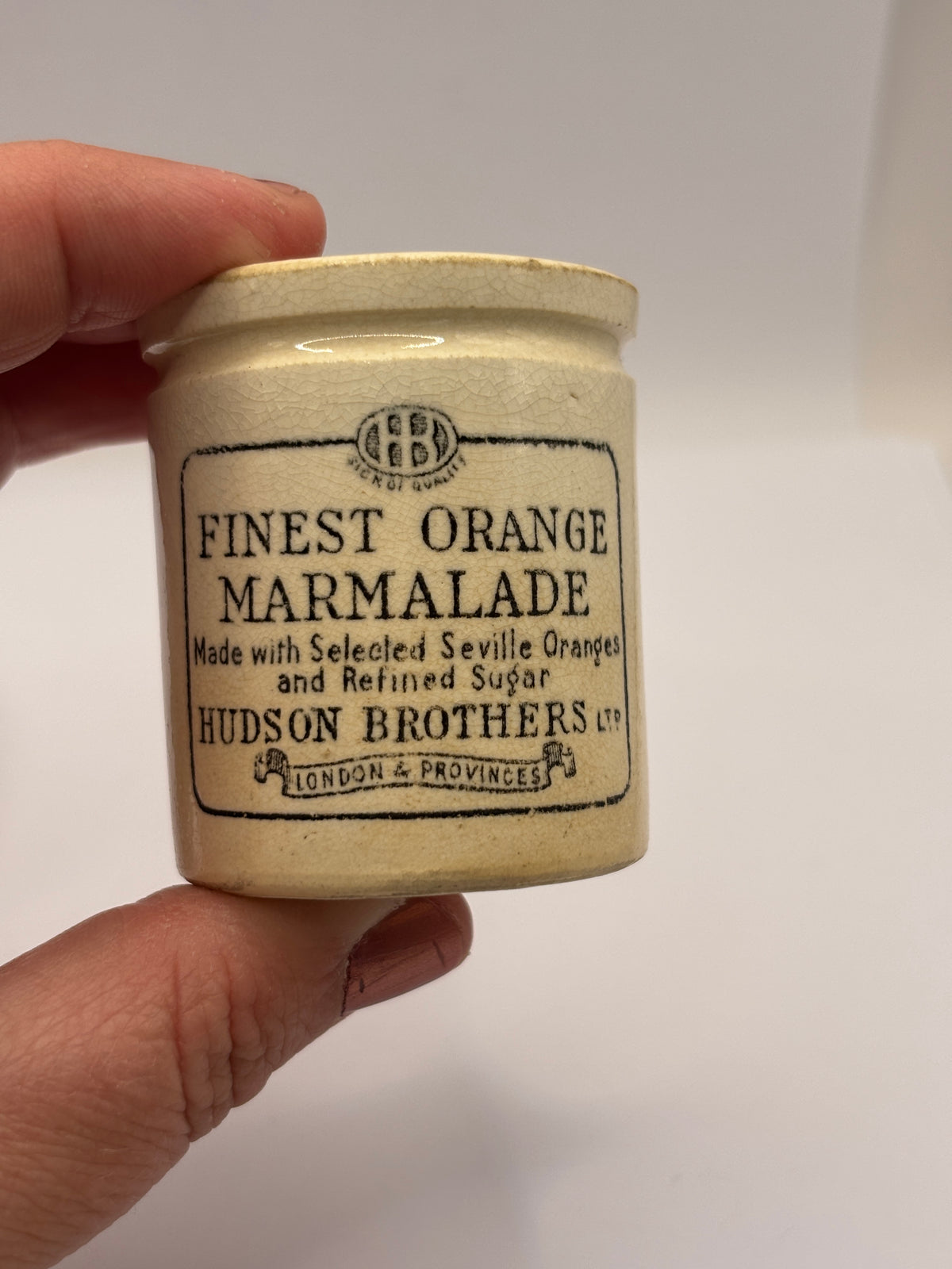RARE miniature size Finest orange marmalade jar. Hudson Brothers 5cms