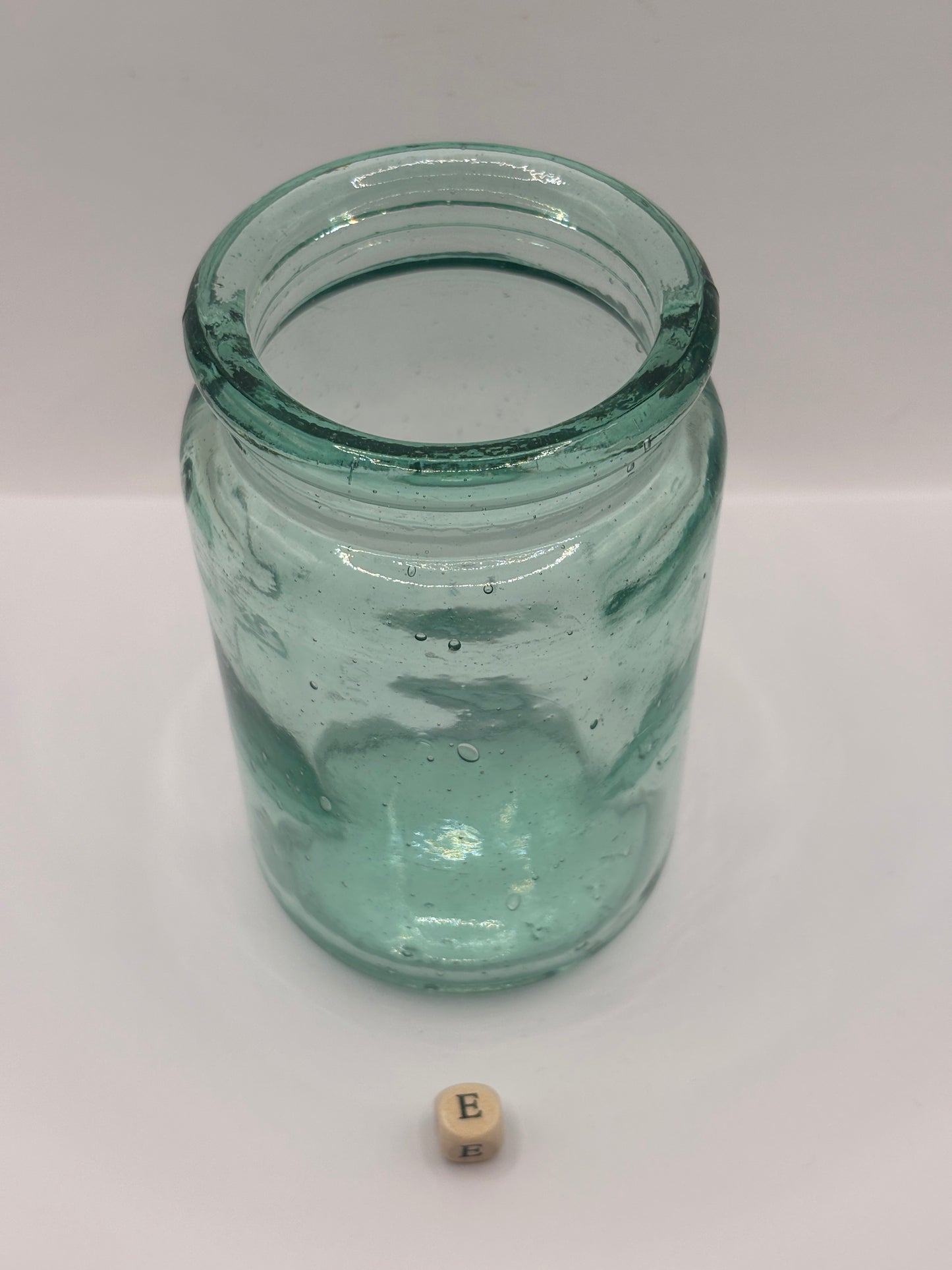 Old 1lb aqua glass pickle jar (e)