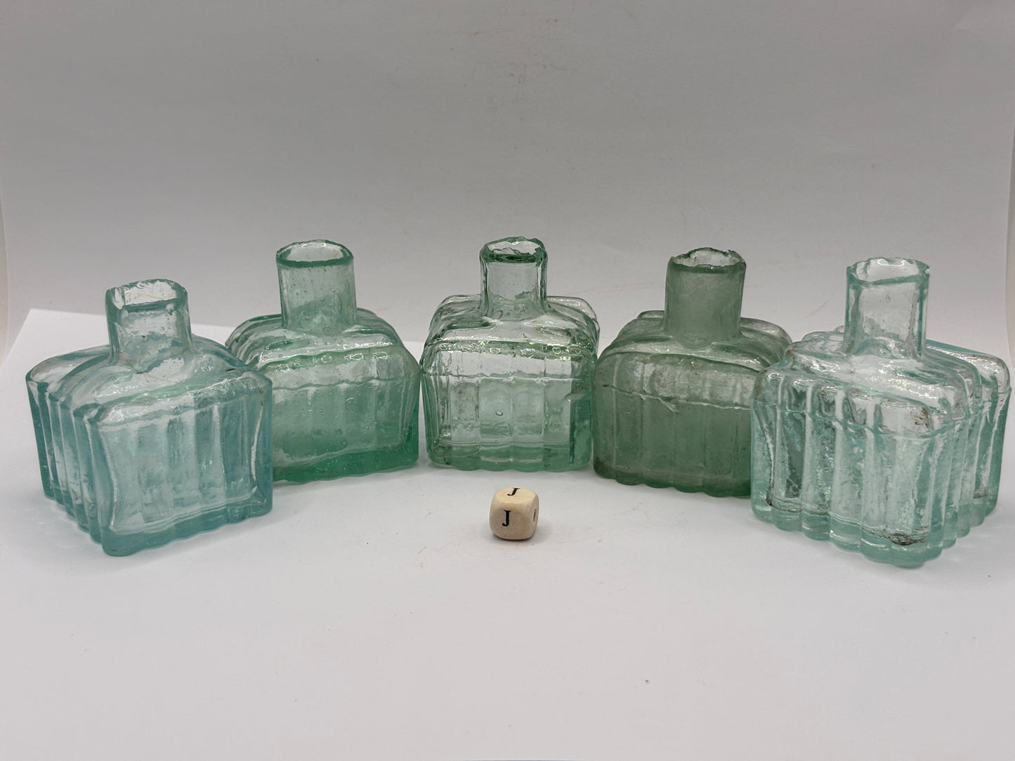 5 old aqua glass ribbed inks, inkwells, ink bottles, penny ink (J)
